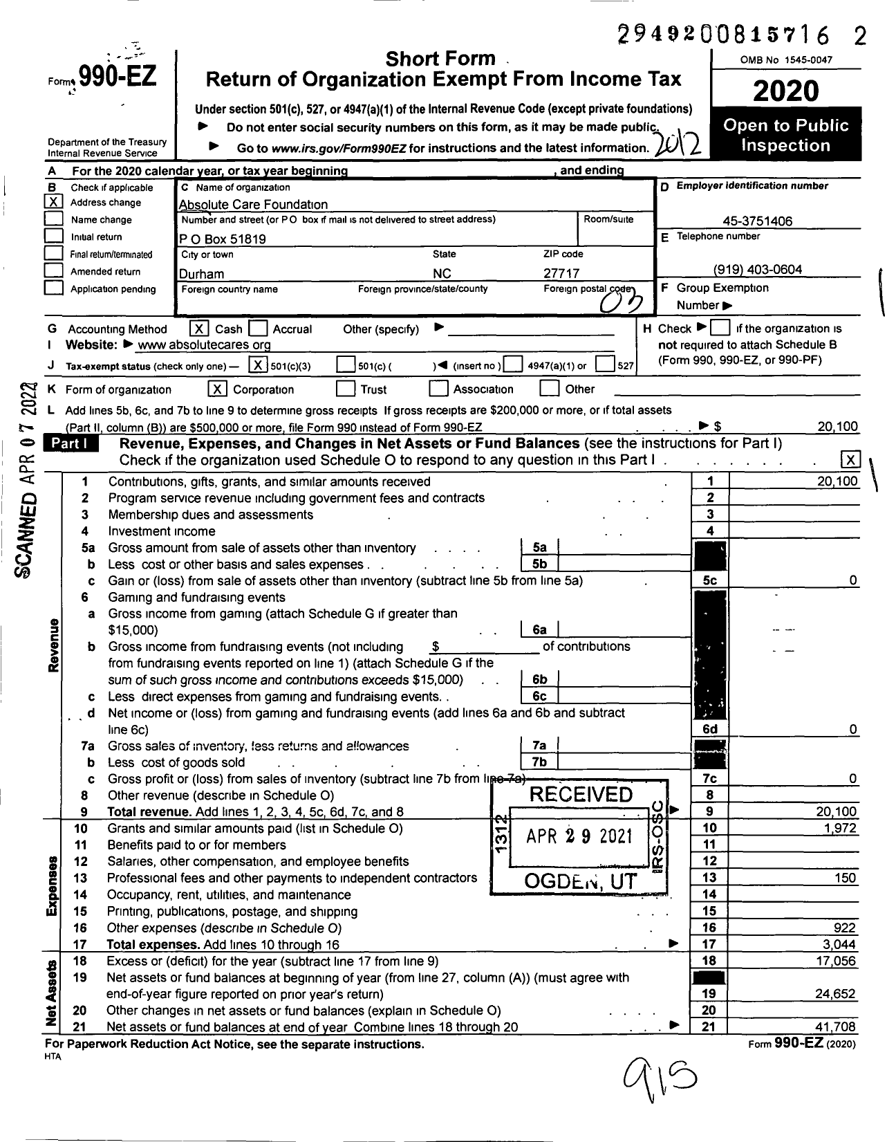 Image of first page of 2020 Form 990EZ for Absolute Care Foundation