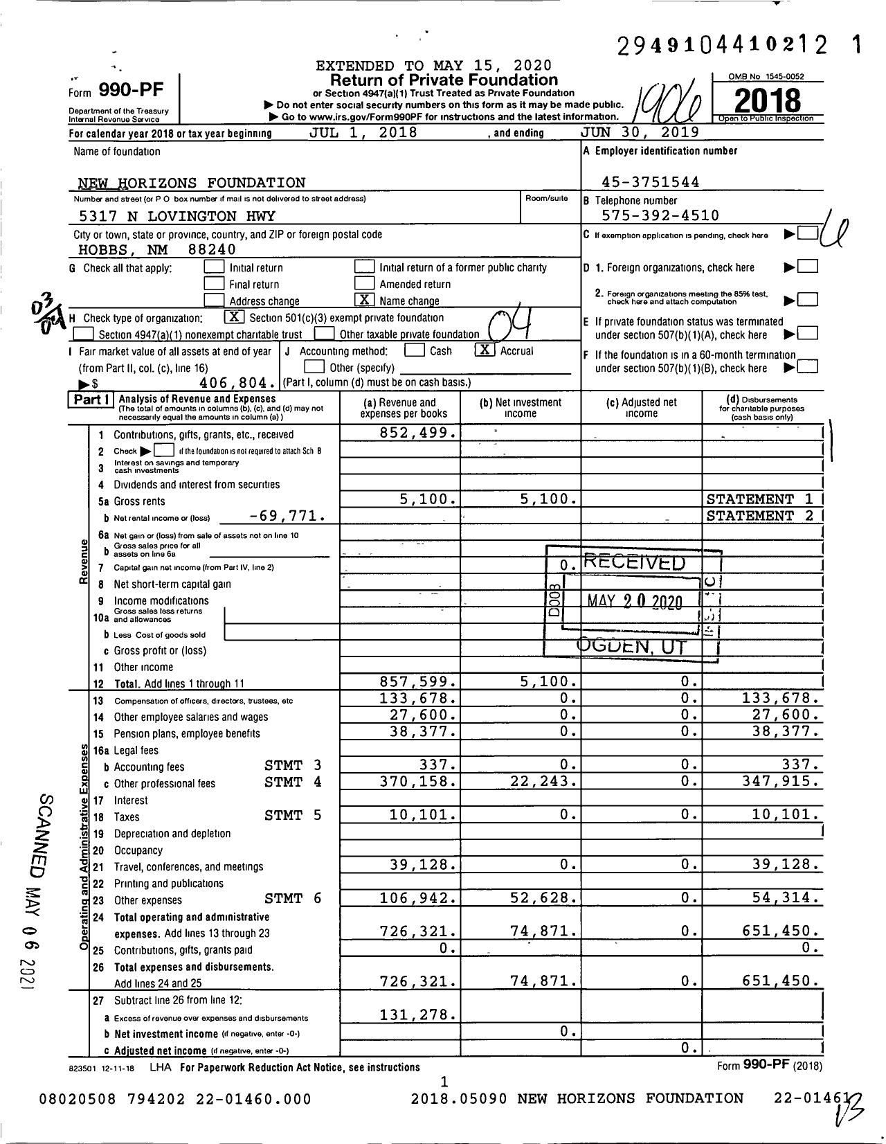 Image of first page of 2018 Form 990PF for New Horizons Foundation