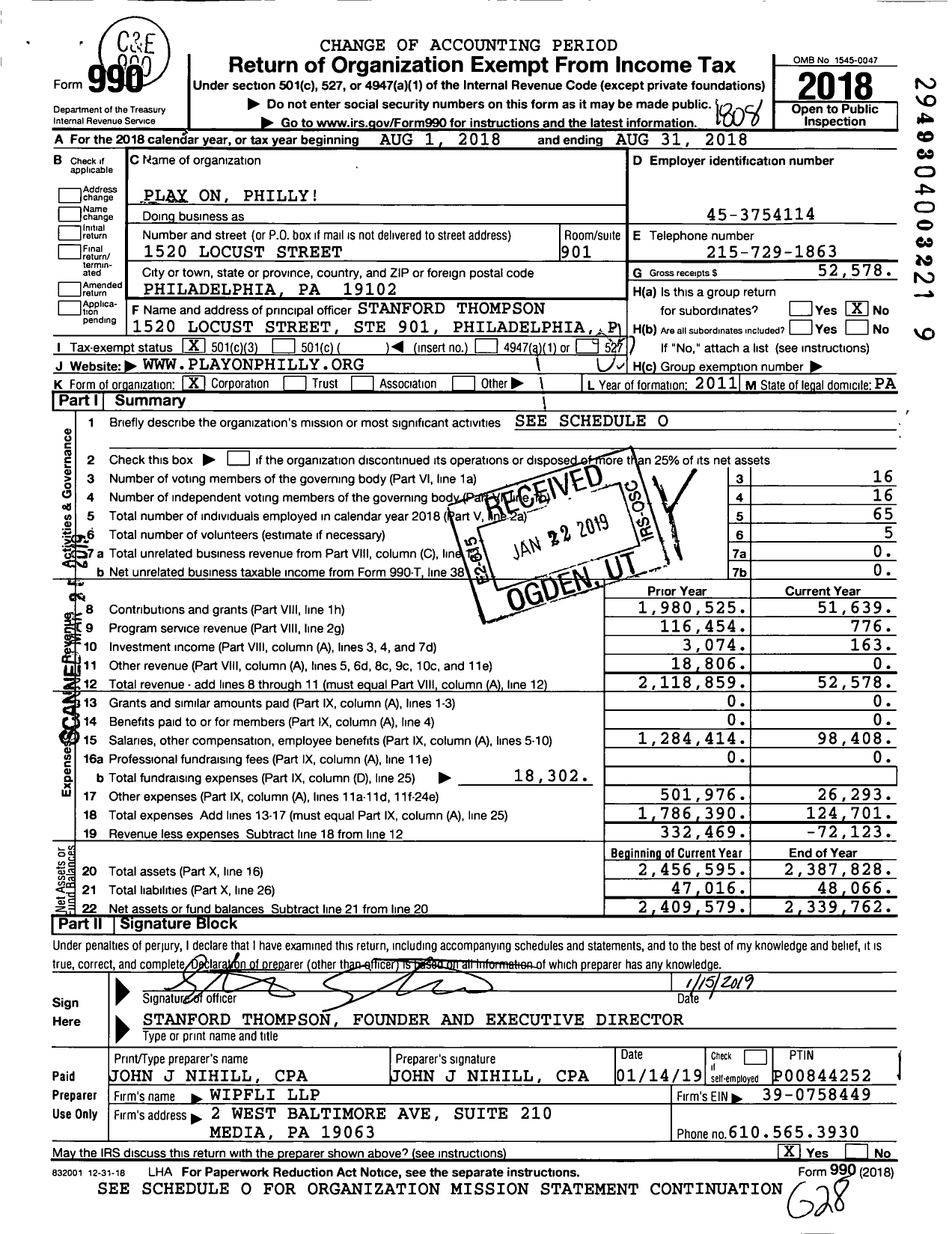 Image of first page of 2017 Form 990 for Play on Philly (POP)