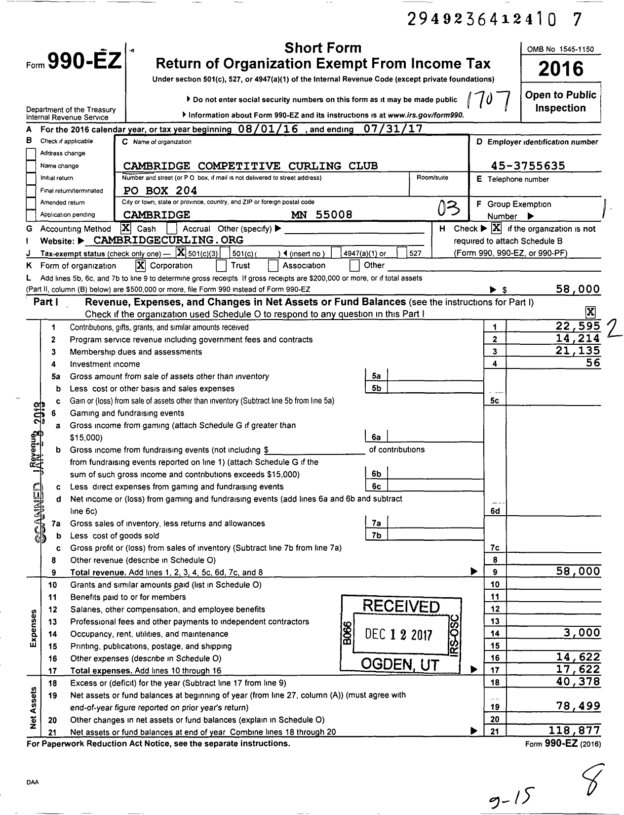 Image of first page of 2016 Form 990EZ for Cambridge Competitive Curling Club