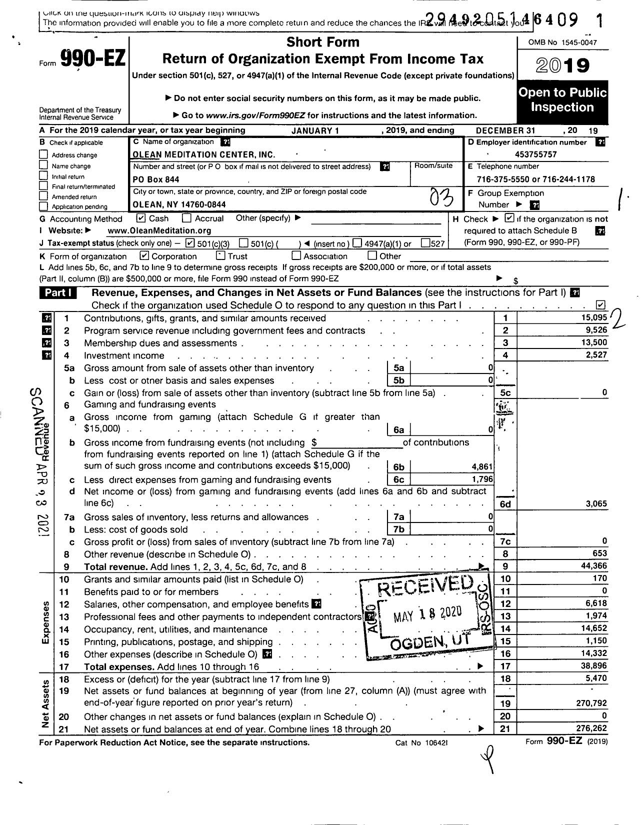 Image of first page of 2019 Form 990EZ for Olean Meditation Center