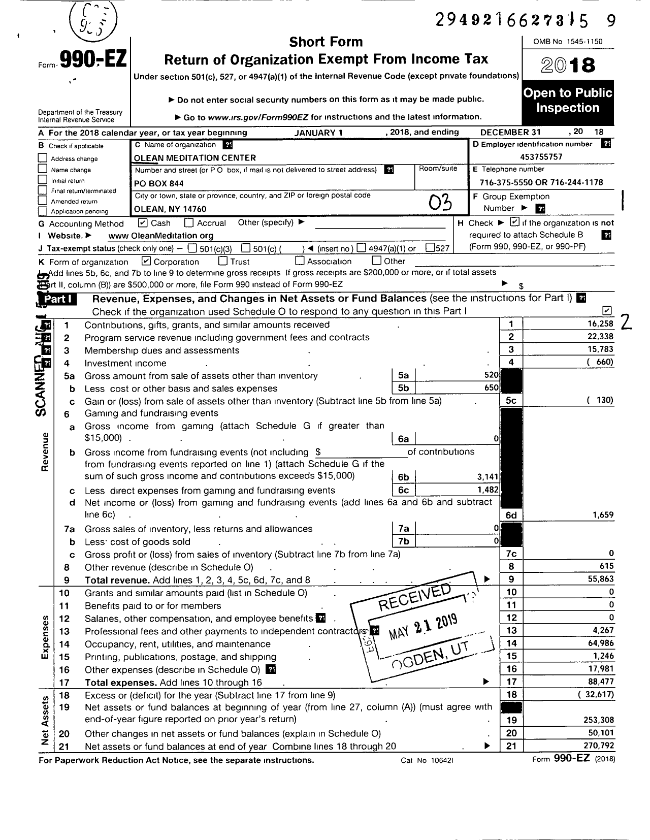 Image of first page of 2018 Form 990EZ for Olean Meditation Center