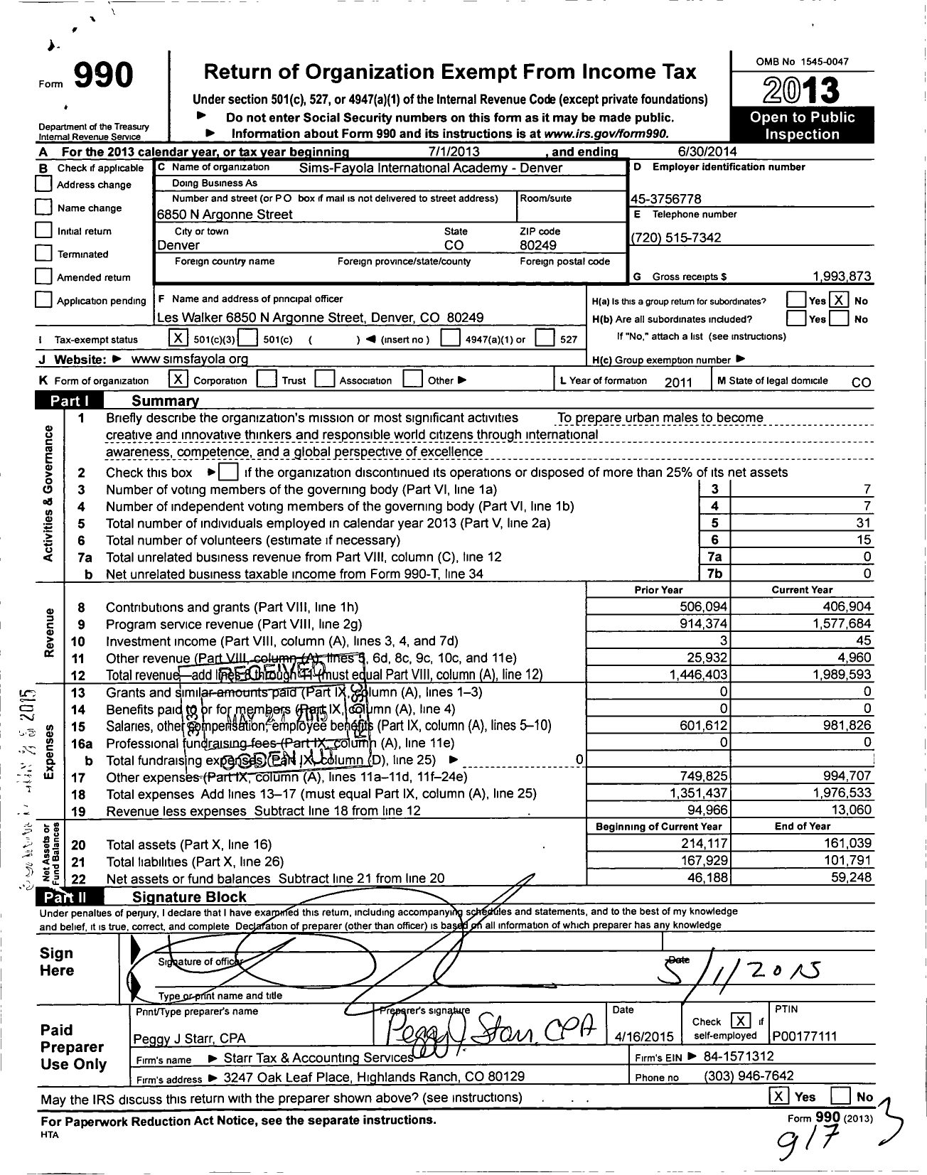 Image of first page of 2013 Form 990 for Sims-Fayola International Academy