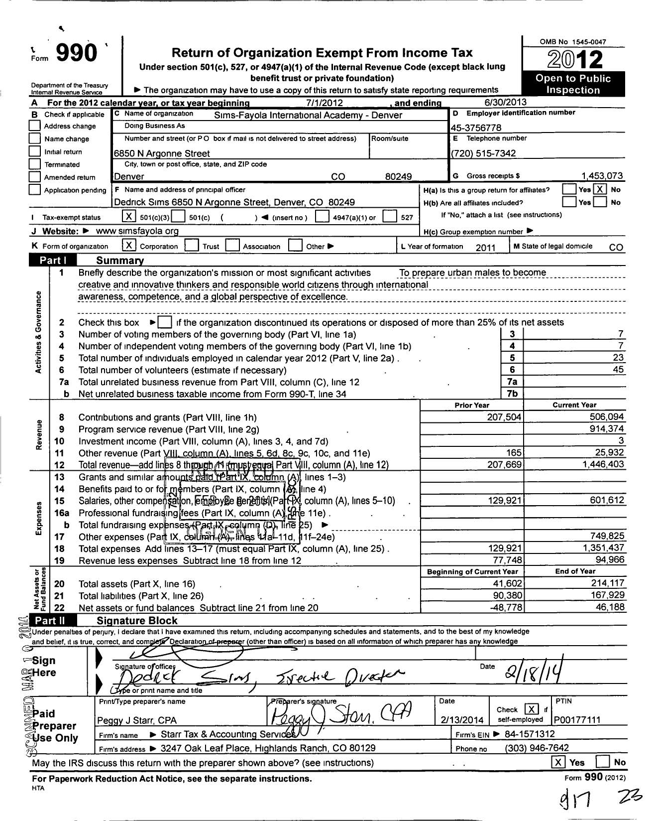 Image of first page of 2012 Form 990 for Sims-Fayola International Academy