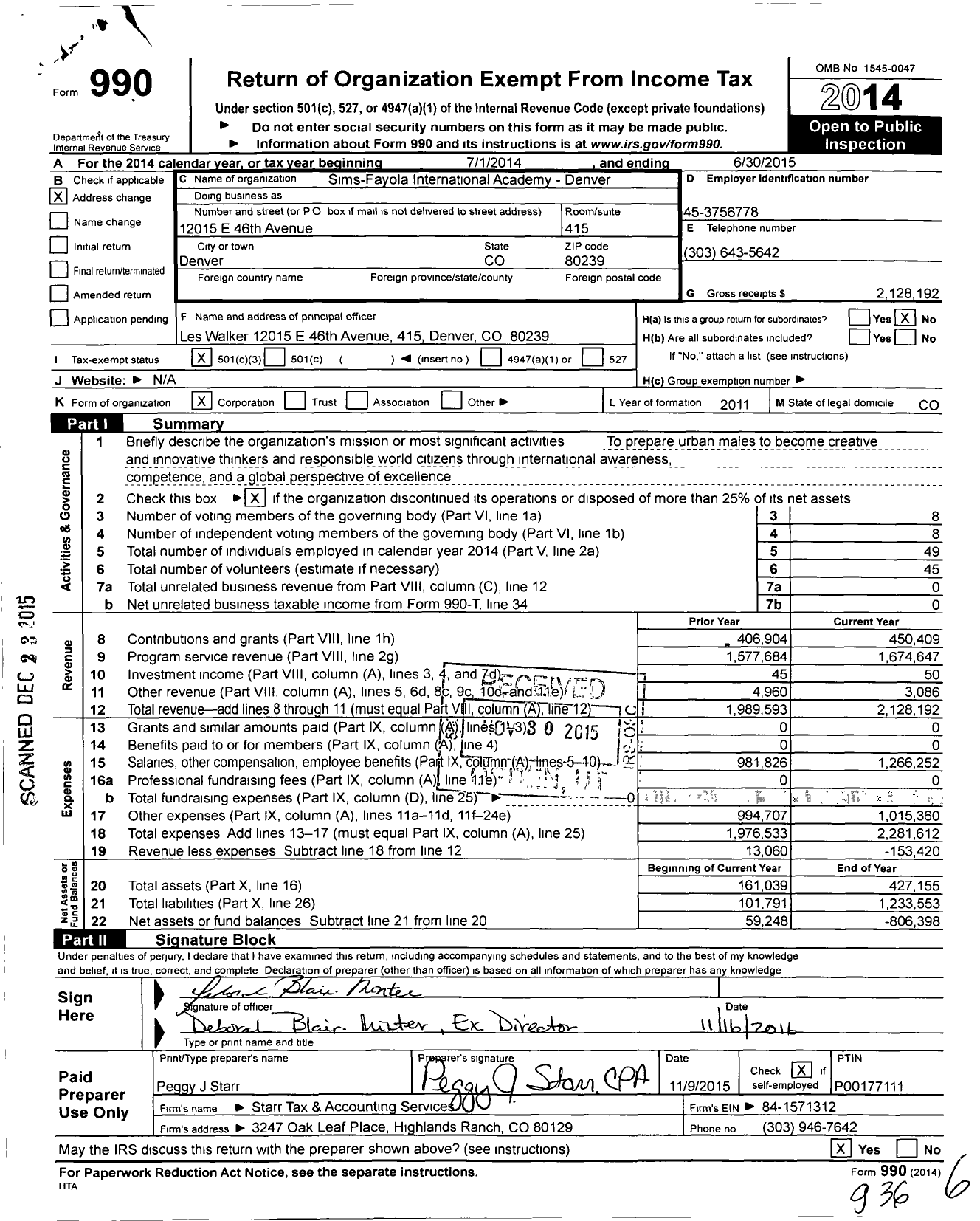 Image of first page of 2014 Form 990 for Sims-Fayola International Academy