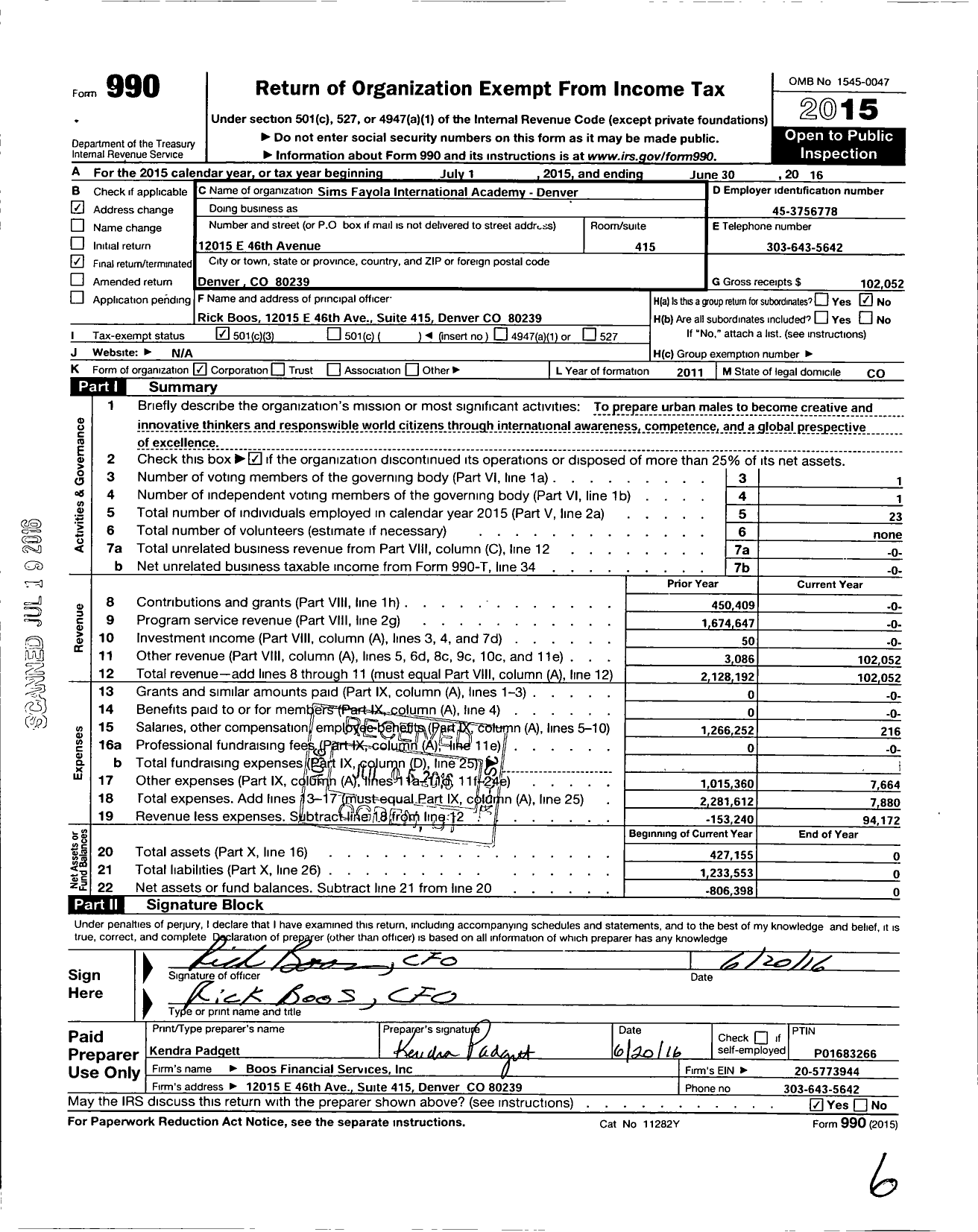 Image of first page of 2015 Form 990 for Sims-Fayola International Academy