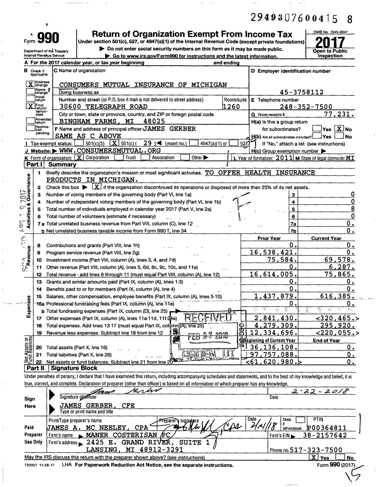 Image of first page of 2017 Form 990O for Consumers Mutual Insurance of Michigan
