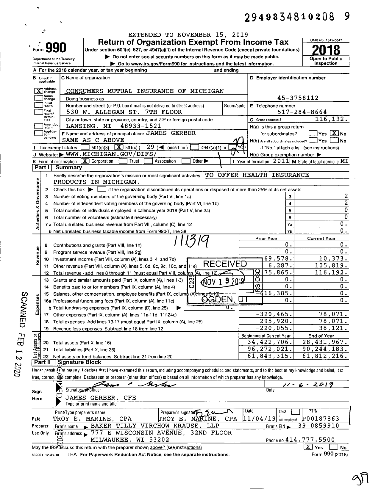 Image of first page of 2018 Form 990O for Consumers Mutual Insurance of Michigan