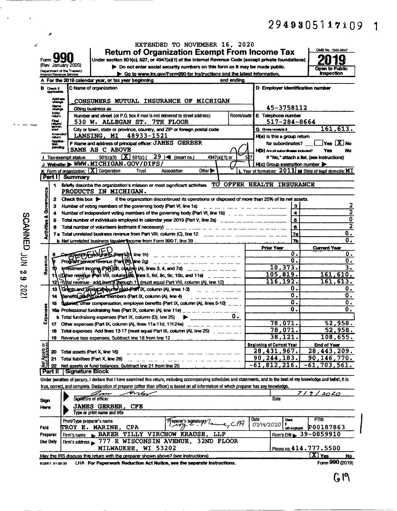 Image of first page of 2019 Form 990O for Consumers Mutual Insurance of Michigan