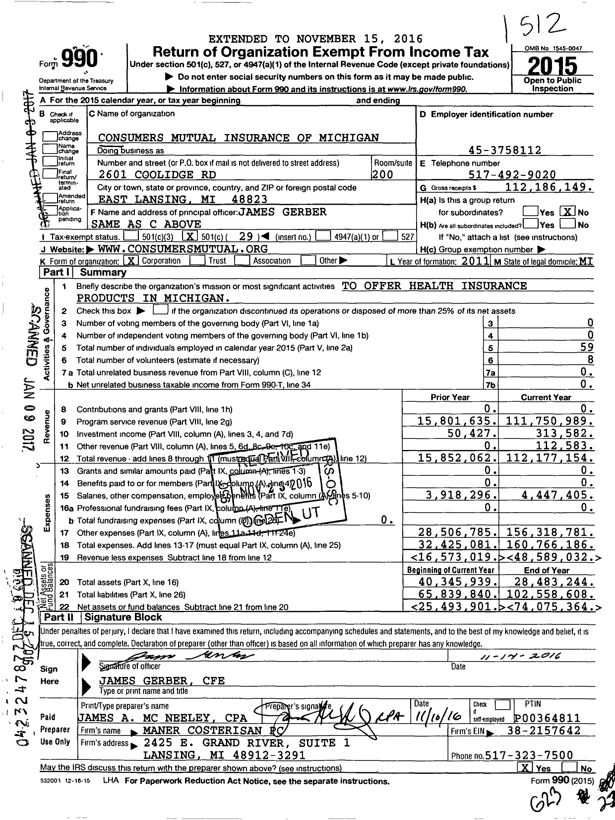 Image of first page of 2015 Form 990O for Consumers Mutual Insurance of Michigan