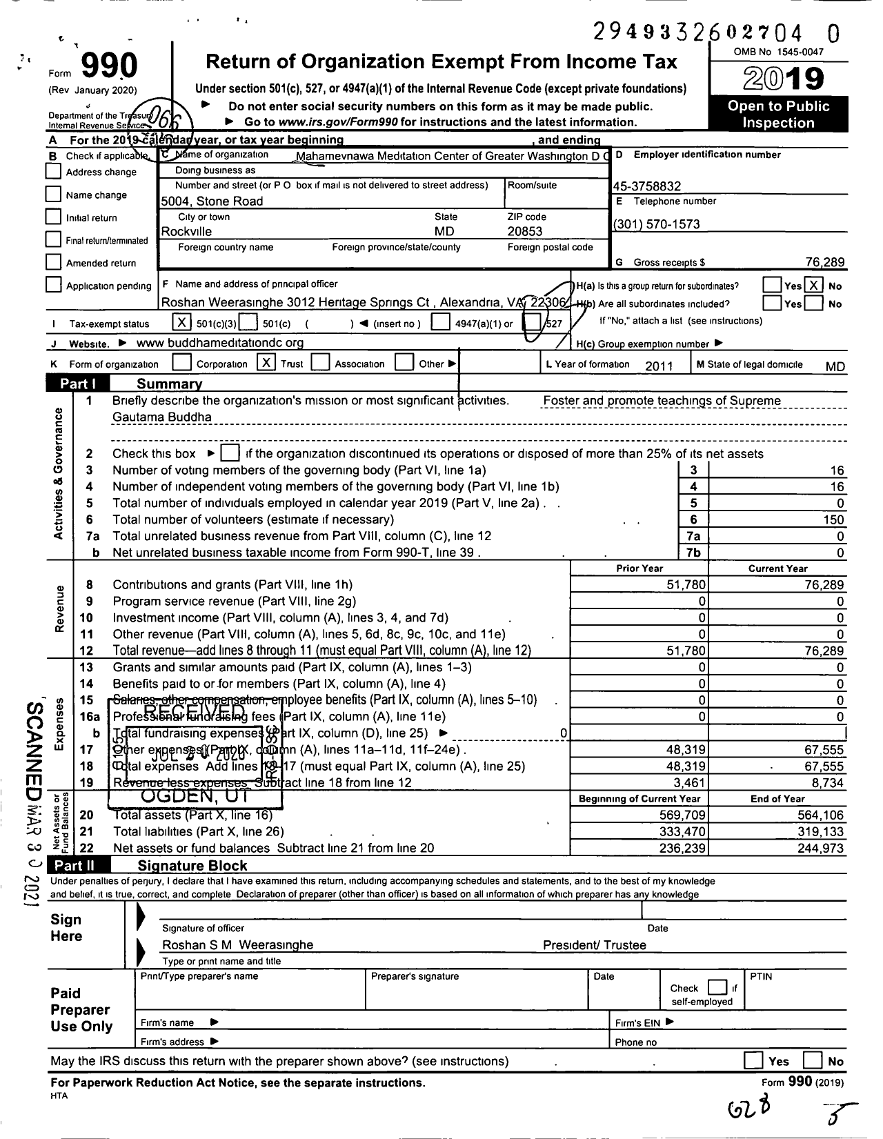 Image of first page of 2019 Form 990 for Mahamevnawa Meditation Center of Greater Washington DC