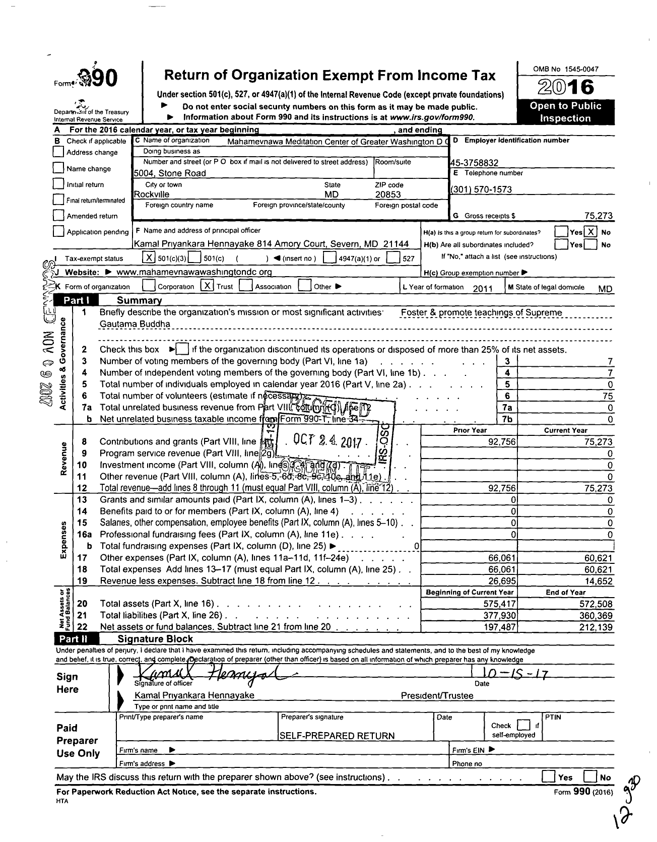 Image of first page of 2016 Form 990 for Mahamevnawa Meditation Center of Greater Washington DC