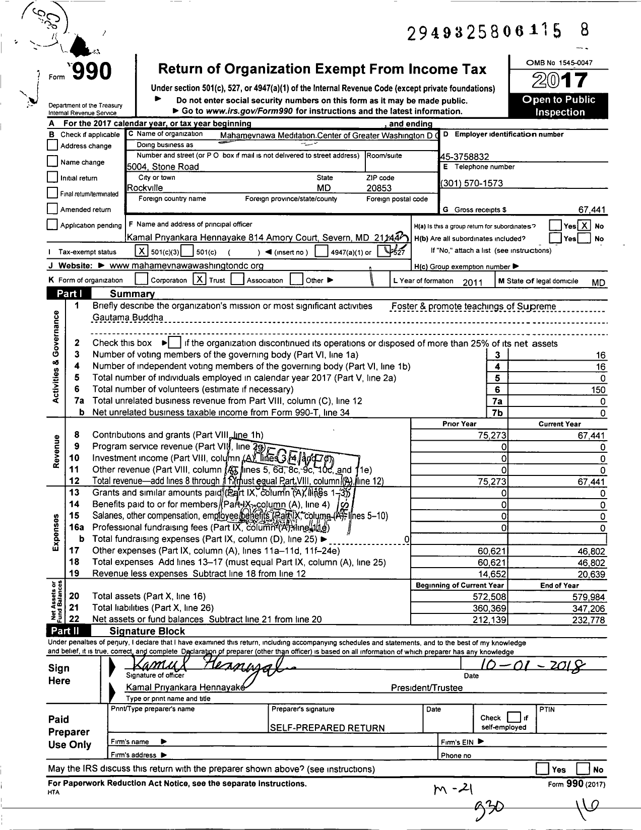 Image of first page of 2017 Form 990 for Mahamevnawa Meditation Center of Greater Washington DC