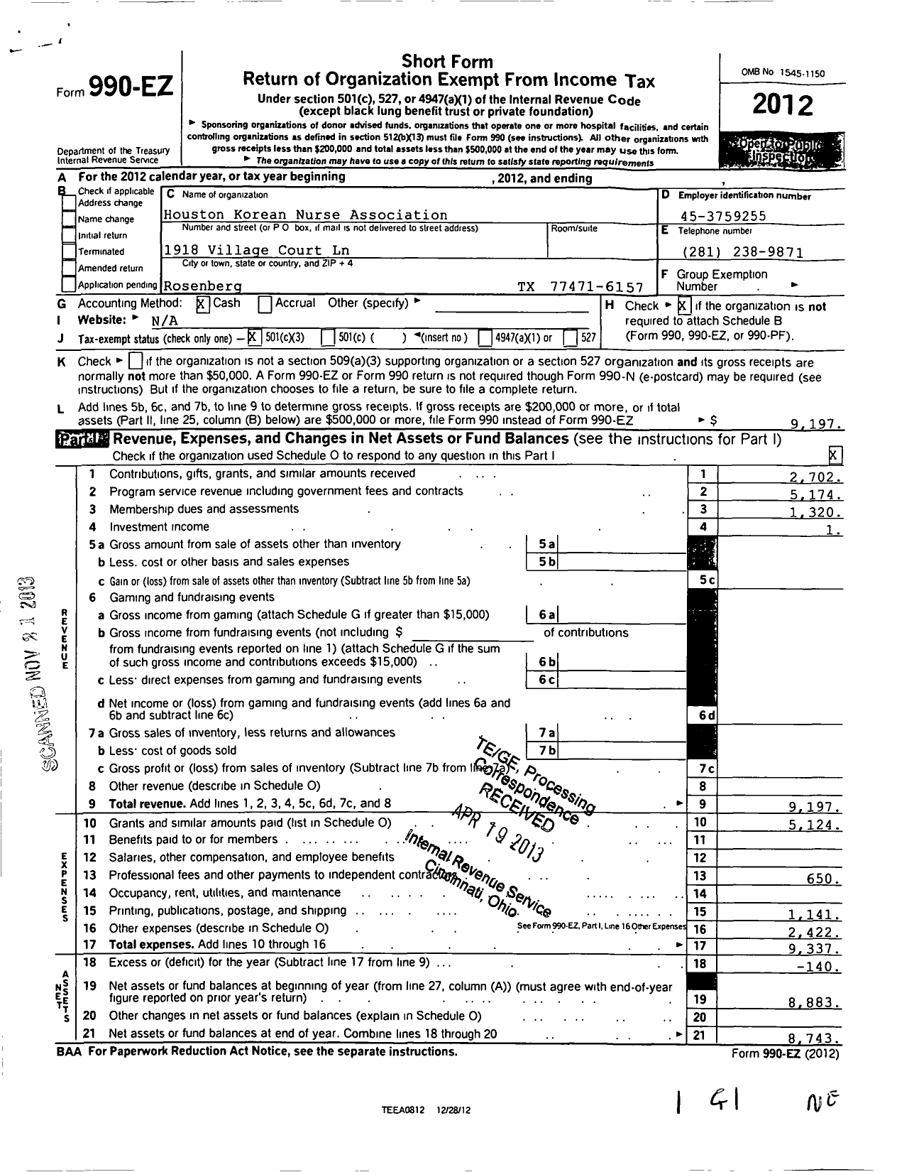 Image of first page of 2012 Form 990EZ for Houston Korean Nurse Association