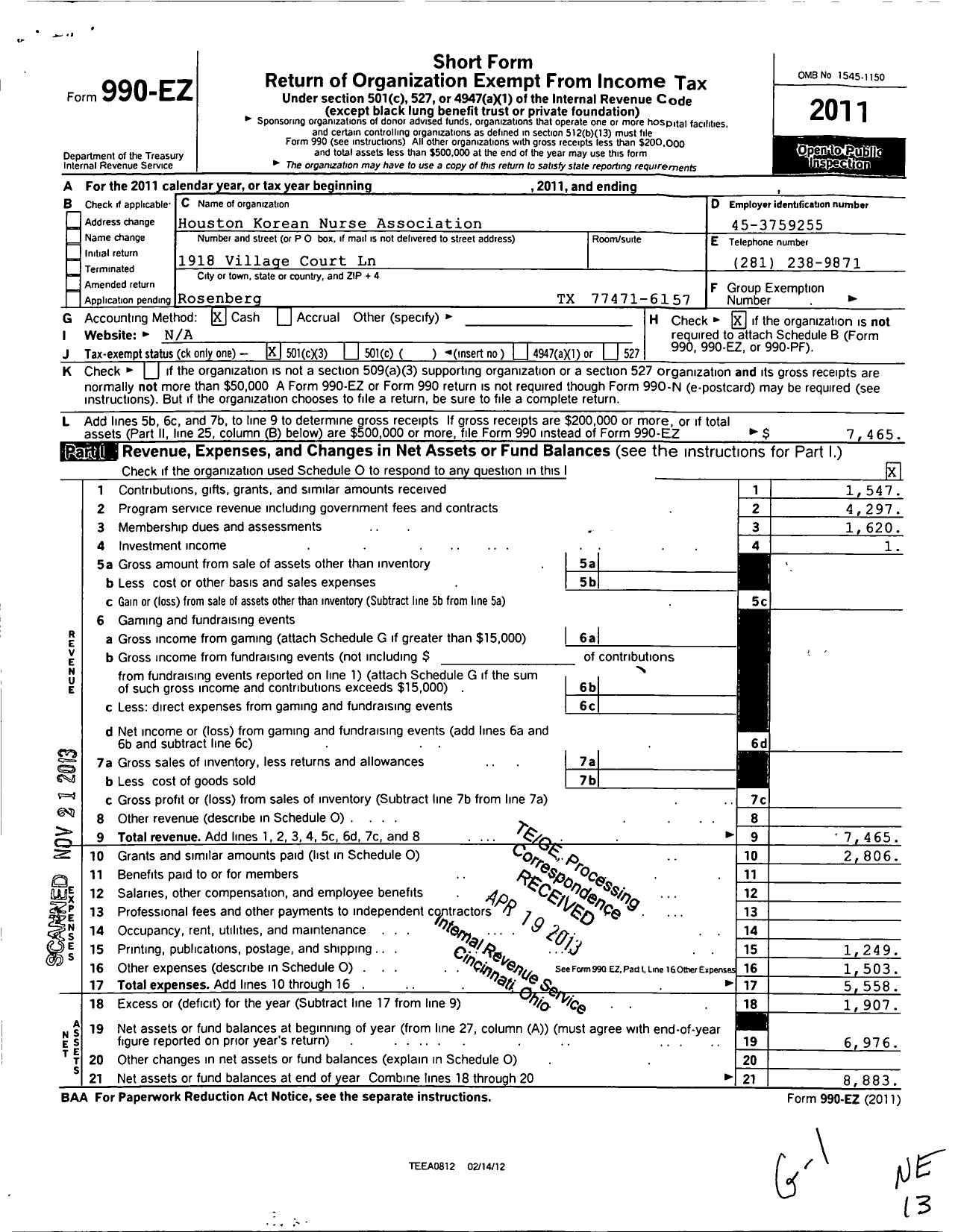 Image of first page of 2011 Form 990EZ for Houston Korean Nurse Association