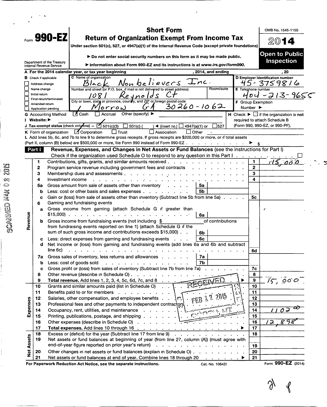 Image of first page of 2014 Form 990EZ for Black Nonbelievers