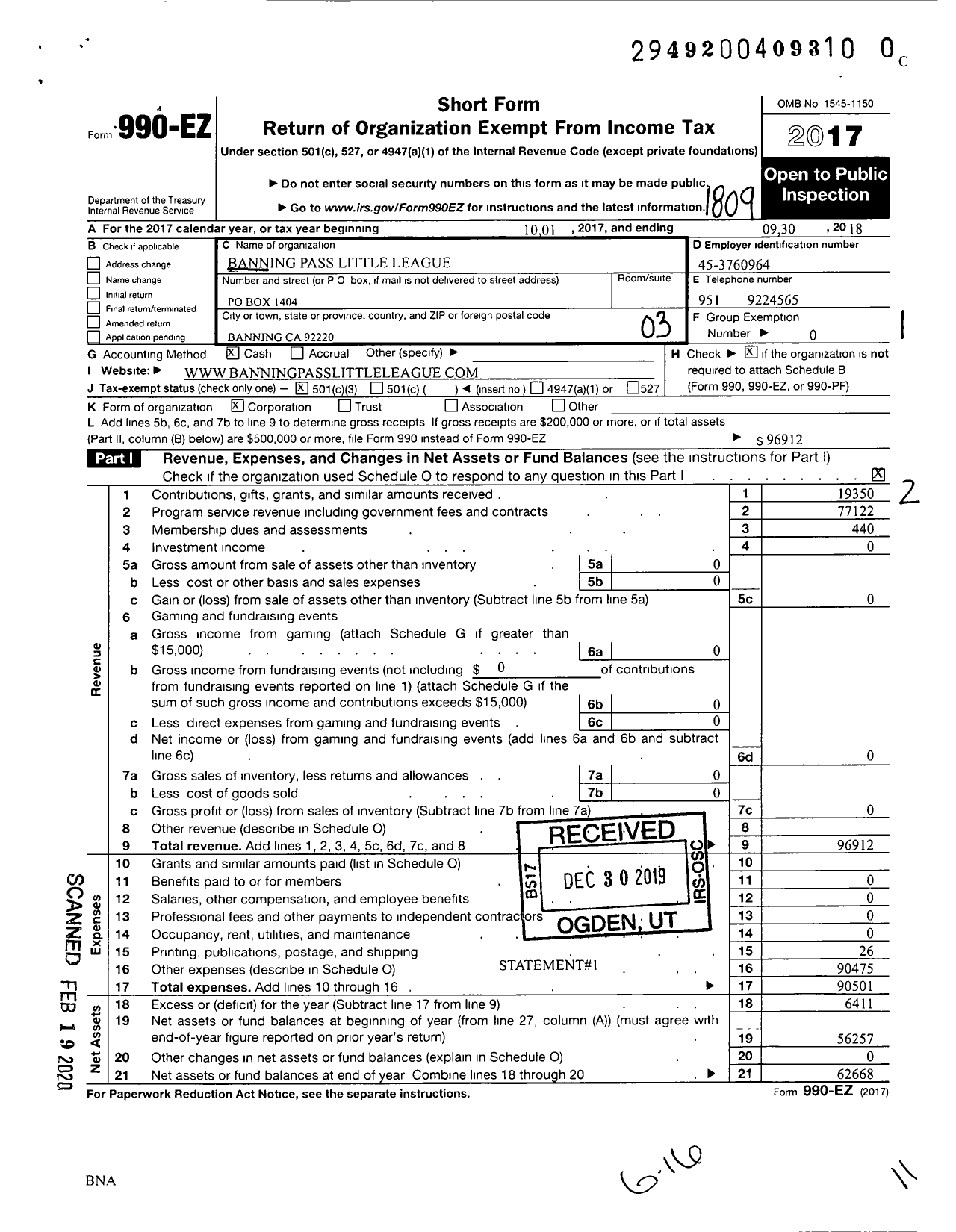 Image of first page of 2017 Form 990EZ for Little League Baseball - 281081 Banning Pass LL