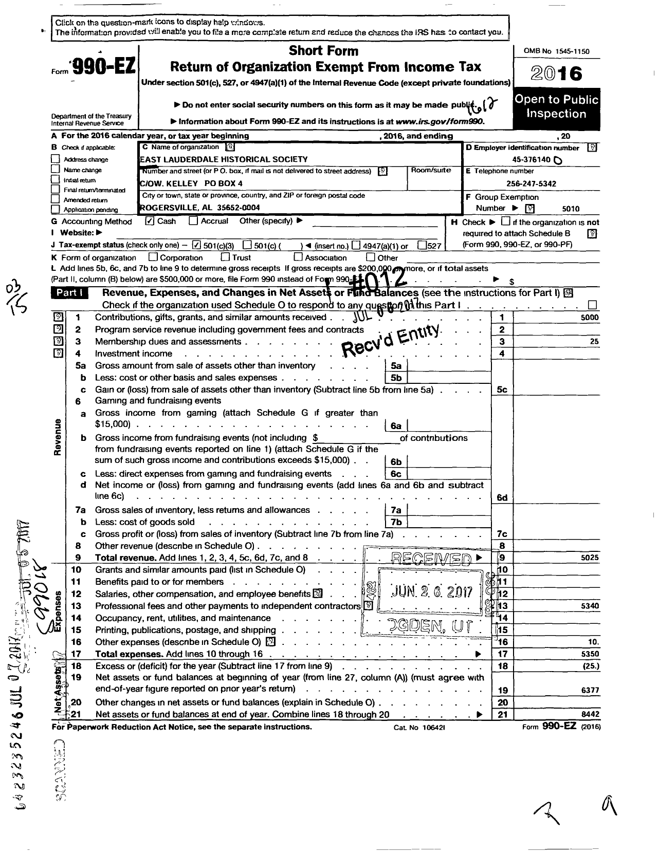 Image of first page of 2016 Form 990EZ for East Lauderdale Historical Society