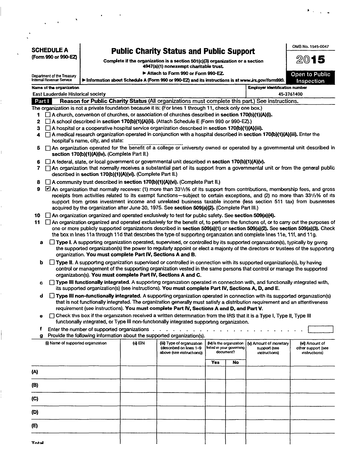 Image of first page of 2015 Form 990ER for East Lauderdale Historical Society