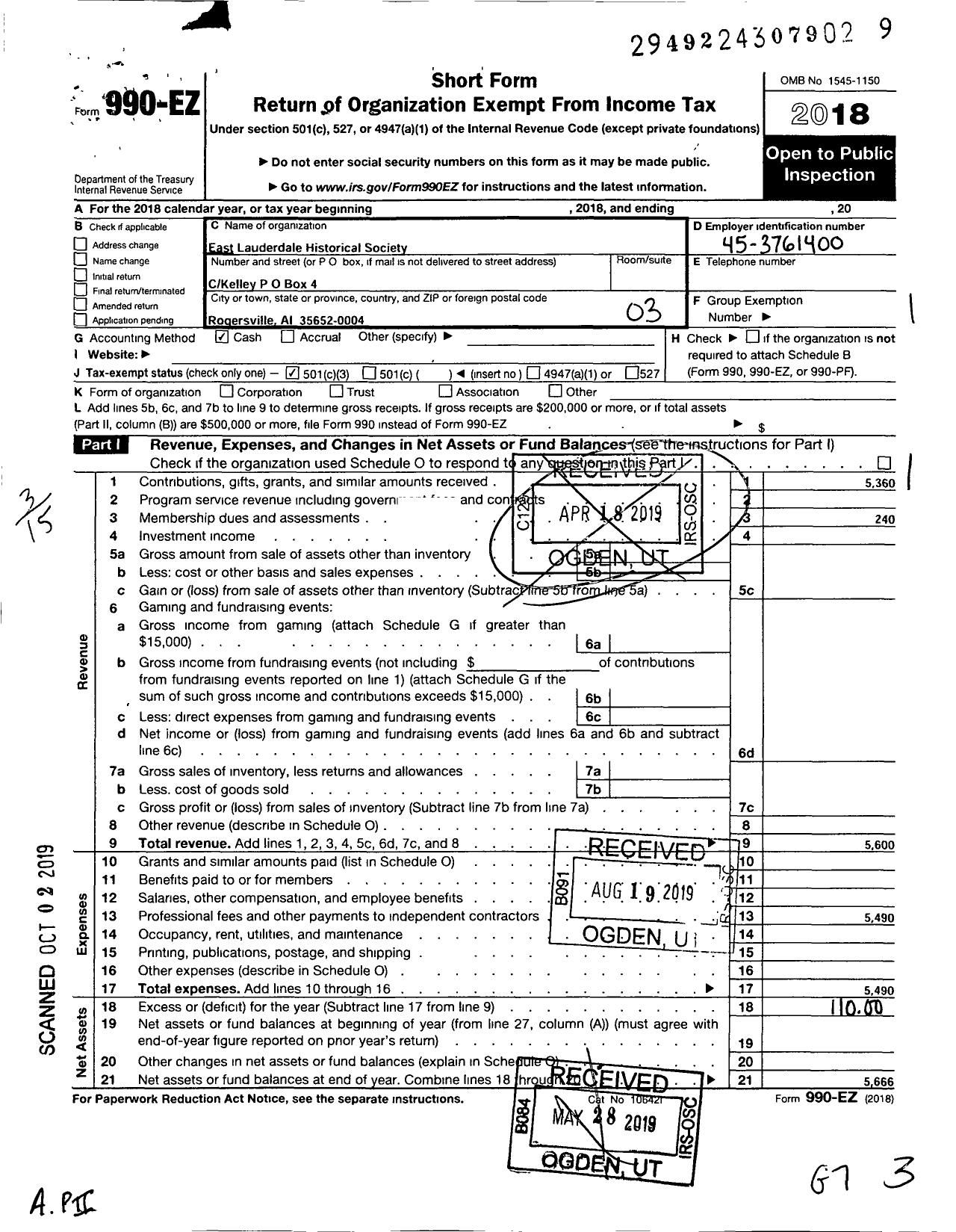 Image of first page of 2018 Form 990EZ for East Lauderdale Historical Society