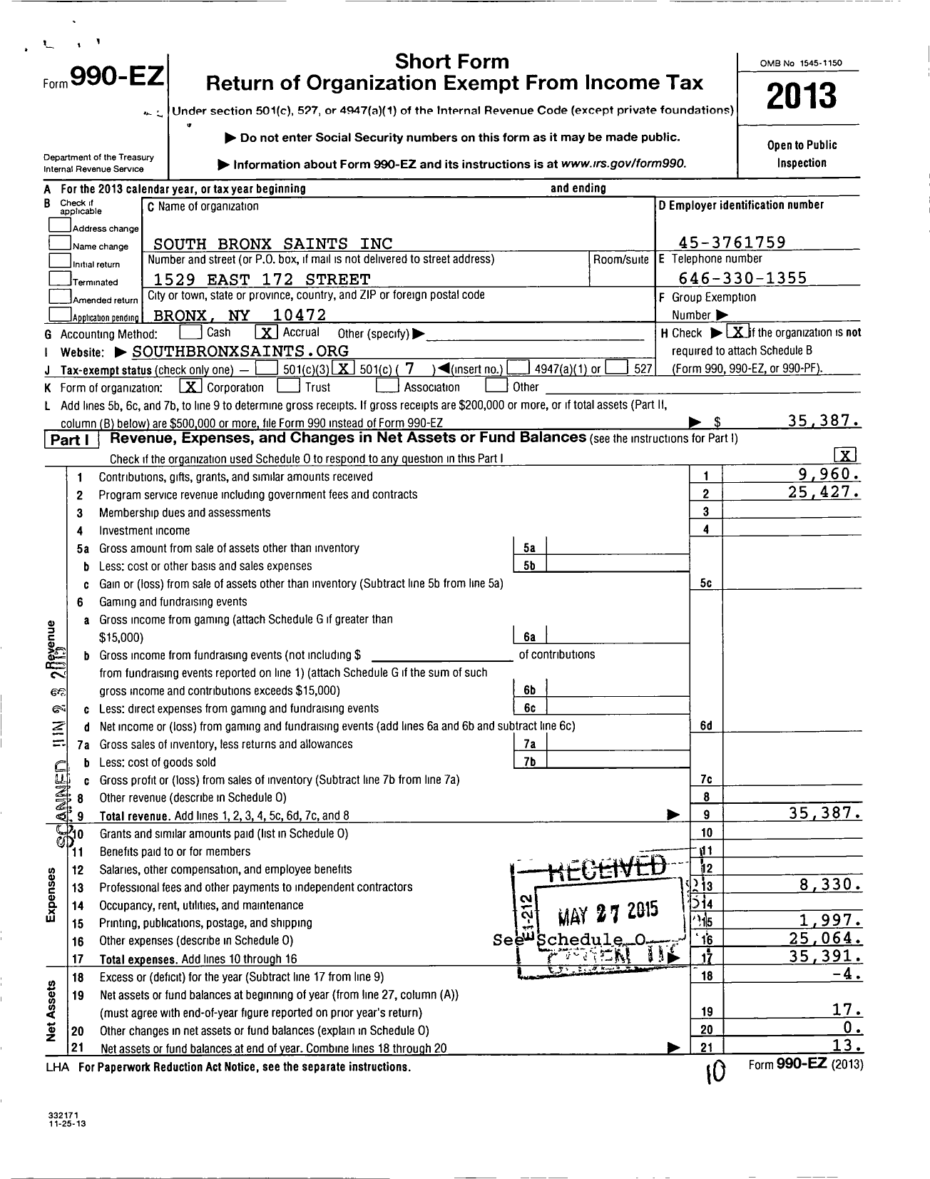 Image of first page of 2013 Form 990EO for South Bronx Saints