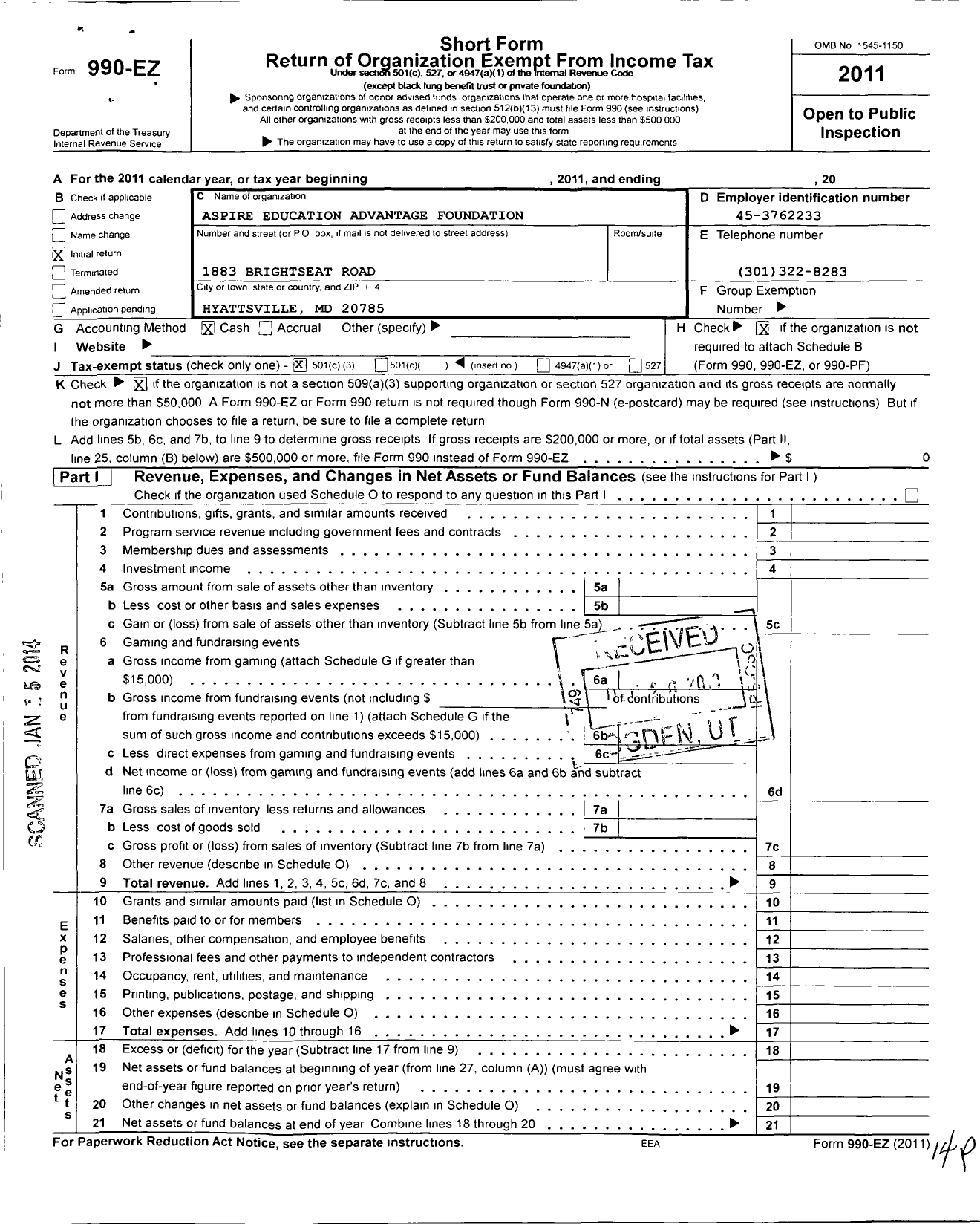 Image of first page of 2011 Form 990EZ for Aspire Education Advantage Foundation