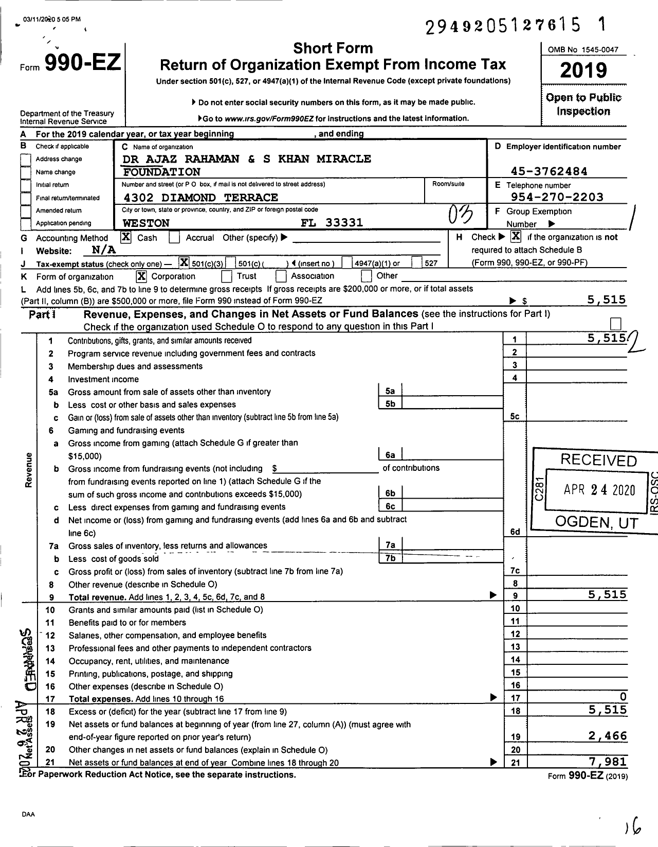 Image of first page of 2019 Form 990EZ for The Dr Ajaz Rahaman and S Khan Miracle Foundation