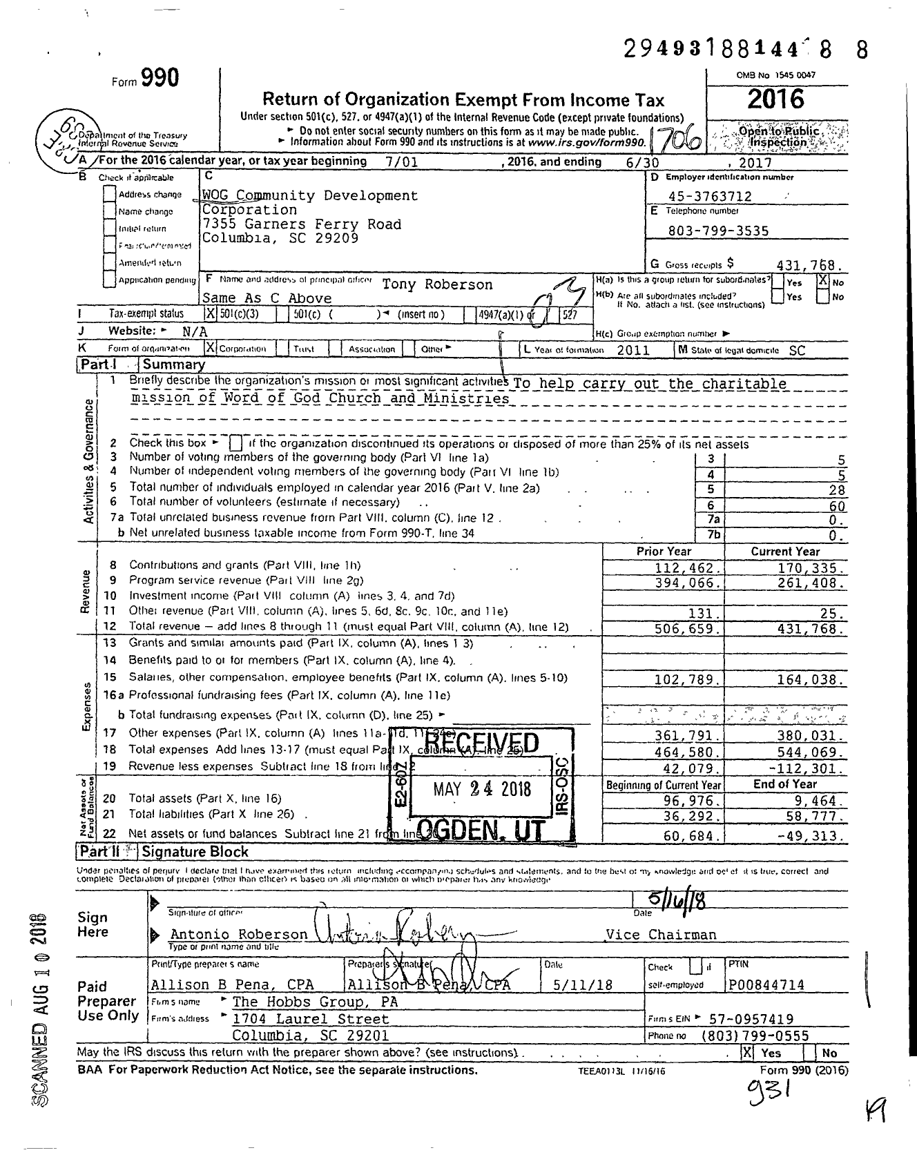 Image of first page of 2016 Form 990 for WOG Community Development Corporation