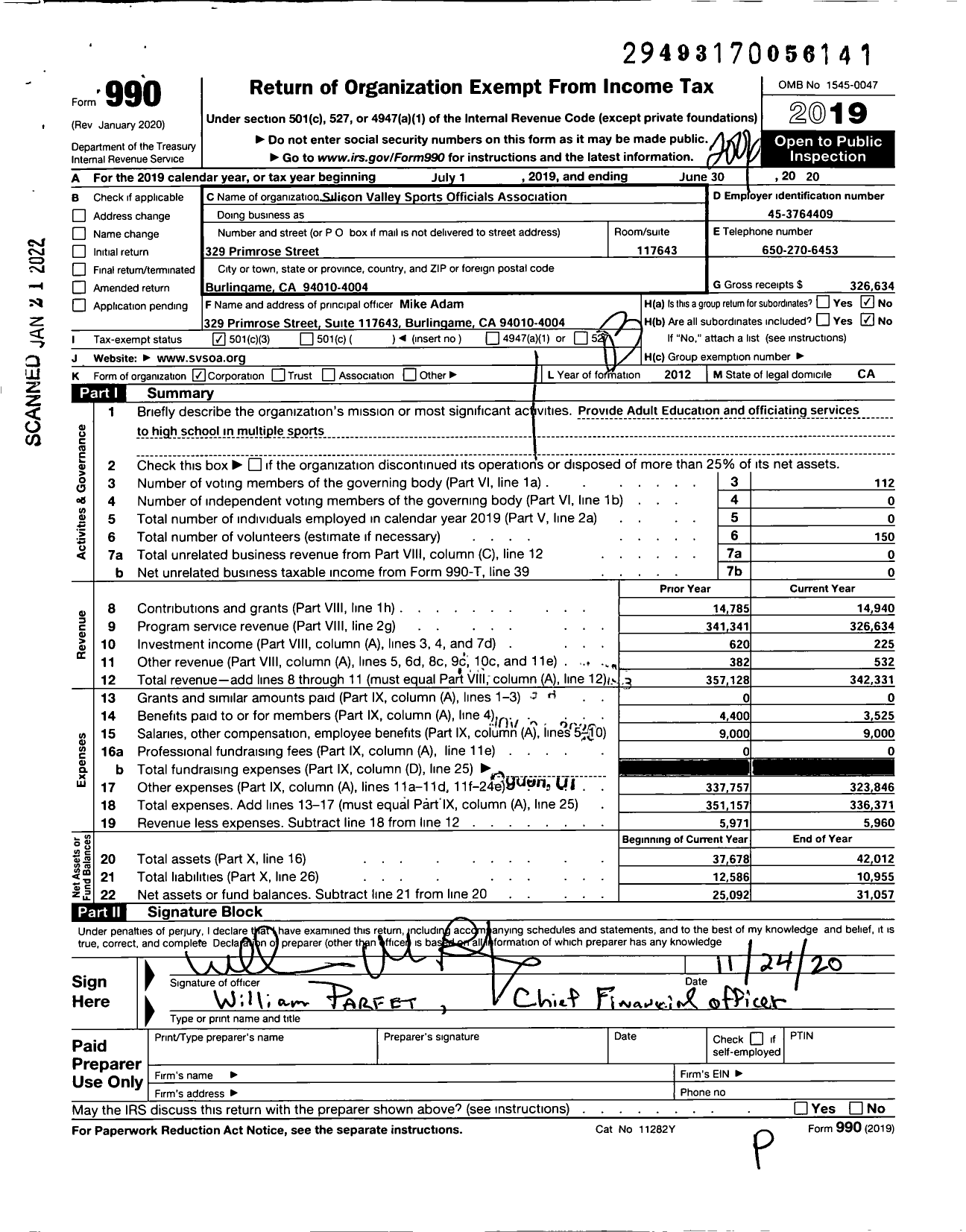 Image of first page of 2019 Form 990 for Silicon Valley Sports Officials Association