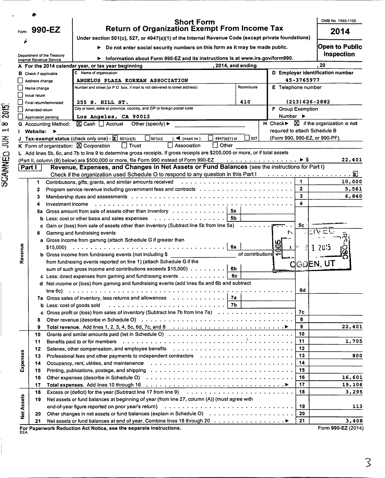 Image of first page of 2014 Form 990EZ for Angelus Plaza Korean Association