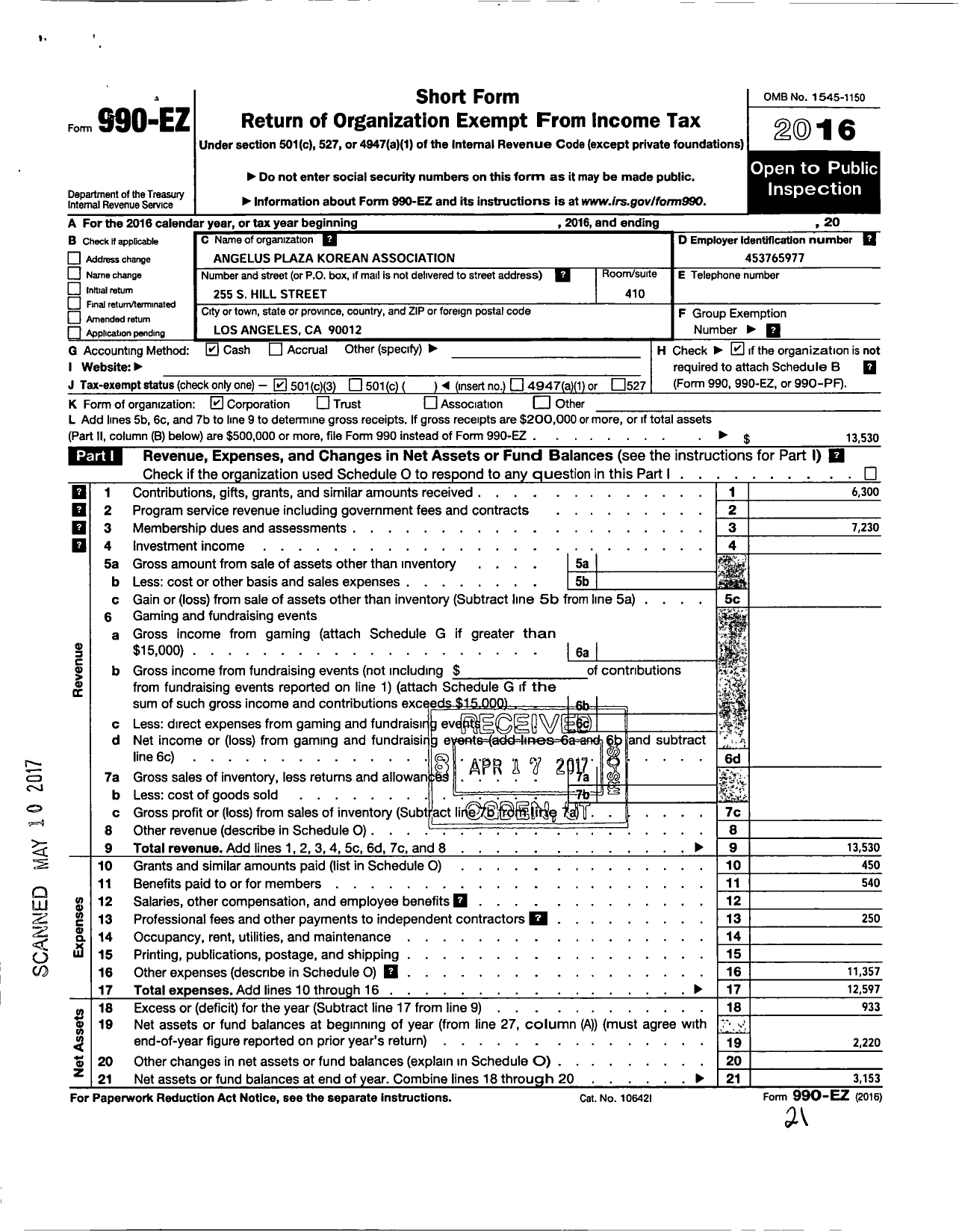 Image of first page of 2016 Form 990EZ for Angelus Plaza Korean Association