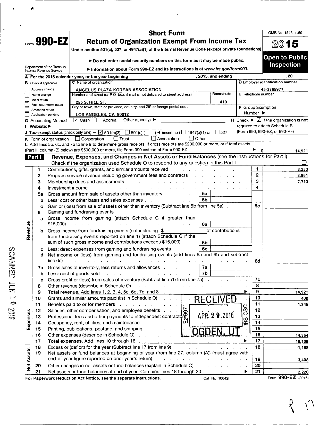 Image of first page of 2015 Form 990EZ for Angelus Plaza Korean Association