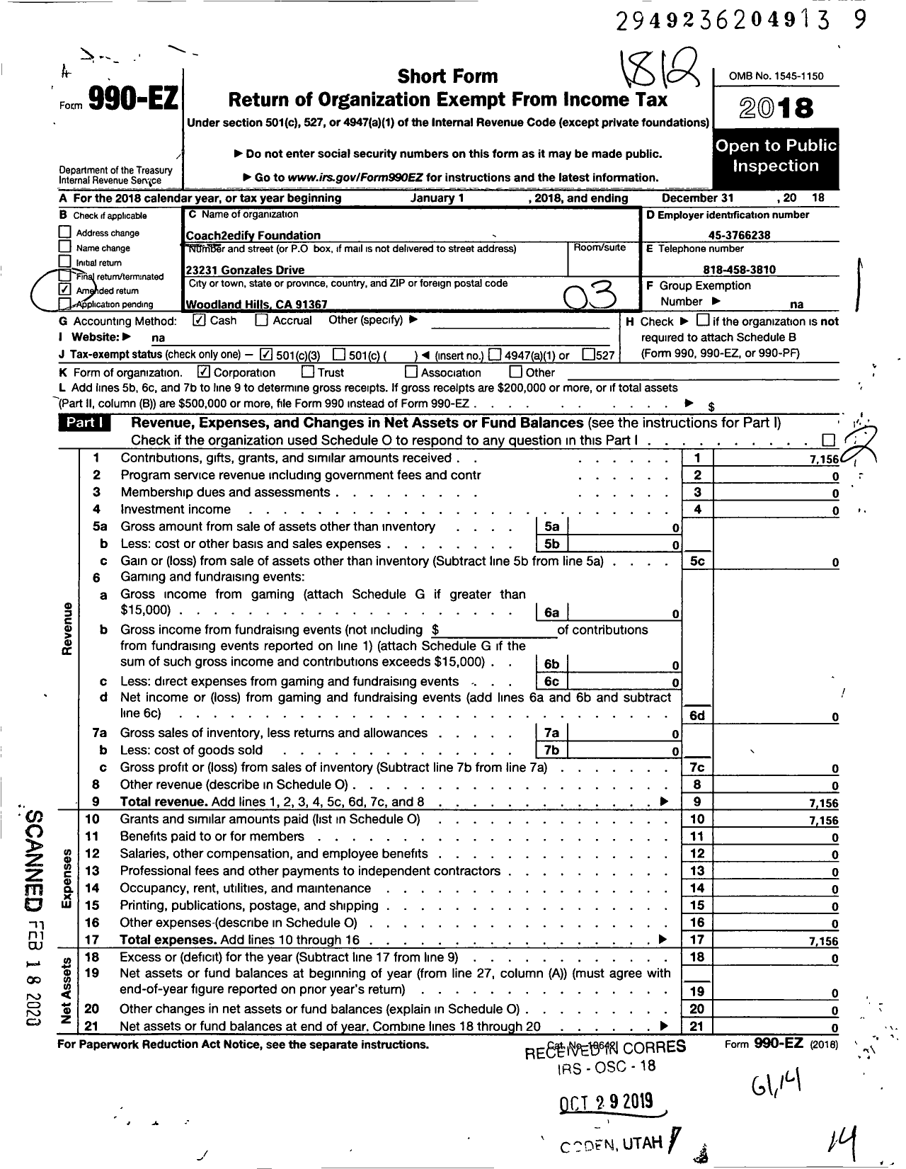 Image of first page of 2018 Form 990EZ for Coach2edify Foundation