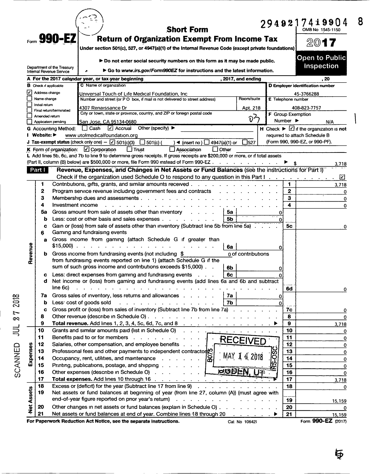 Image of first page of 2017 Form 990EZ for Universal Touch of Life Medical Foundation