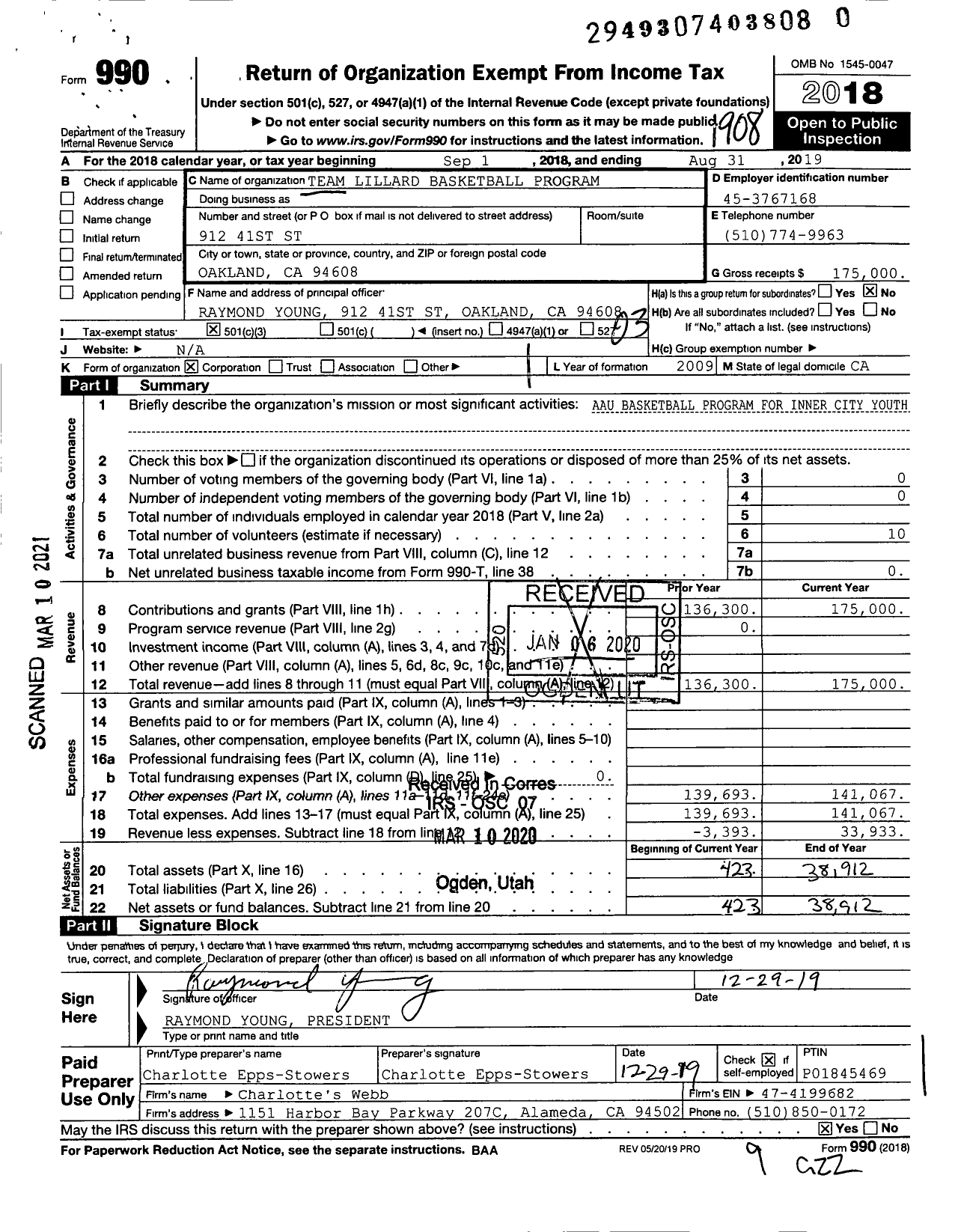 Image of first page of 2018 Form 990 for Amateur Athletic Union - Team Lillard Basketball Program