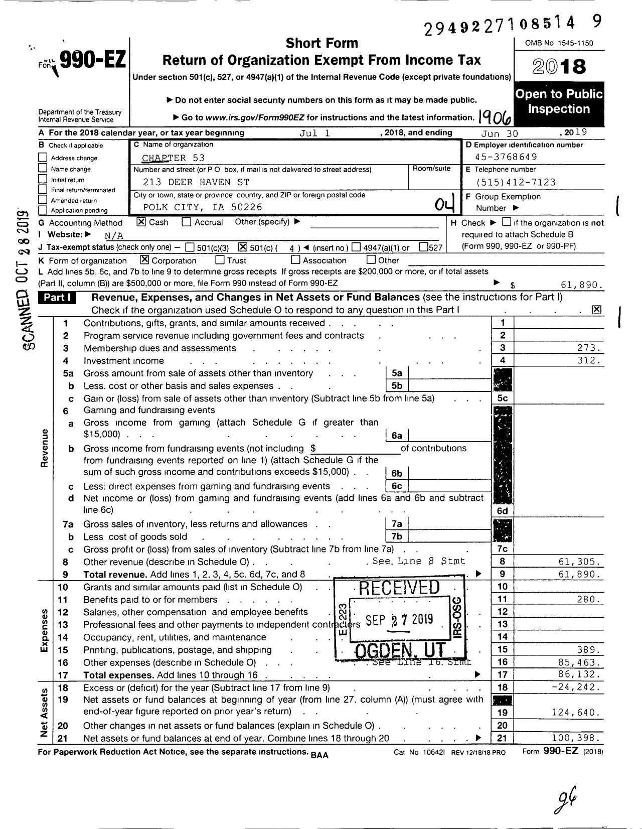 Image of first page of 2018 Form 990EO for Disabled American Veterans - 53 Chapter