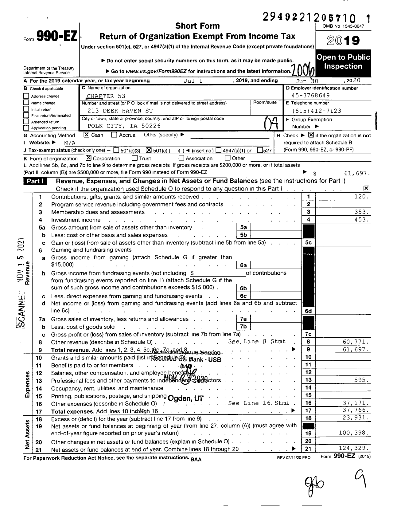 Image of first page of 2019 Form 990EO for Disabled American Veterans - 53 Chapter