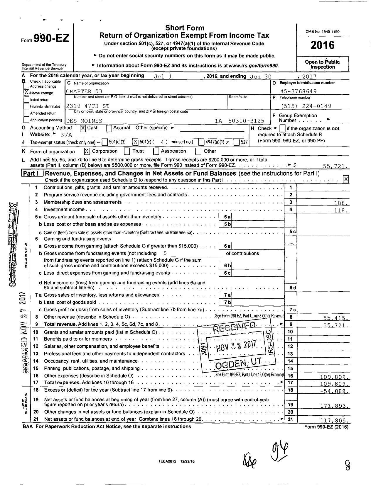 Image of first page of 2016 Form 990EO for Disabled American Veterans - 53 Chapter