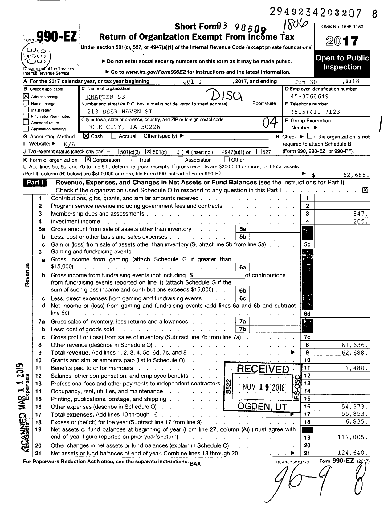 Image of first page of 2017 Form 990EO for Disabled American Veterans - 53 Chapter