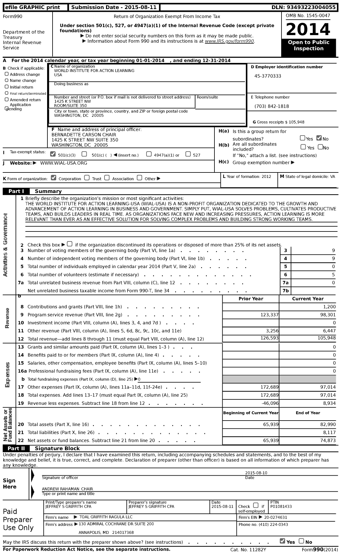 Image of first page of 2014 Form 990 for World Institute for Action Learning USA