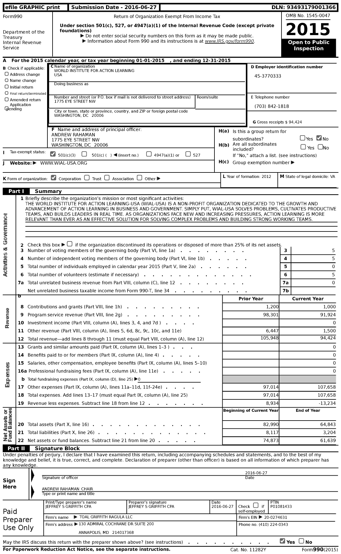 Image of first page of 2015 Form 990 for World Institute for Action Learning USA