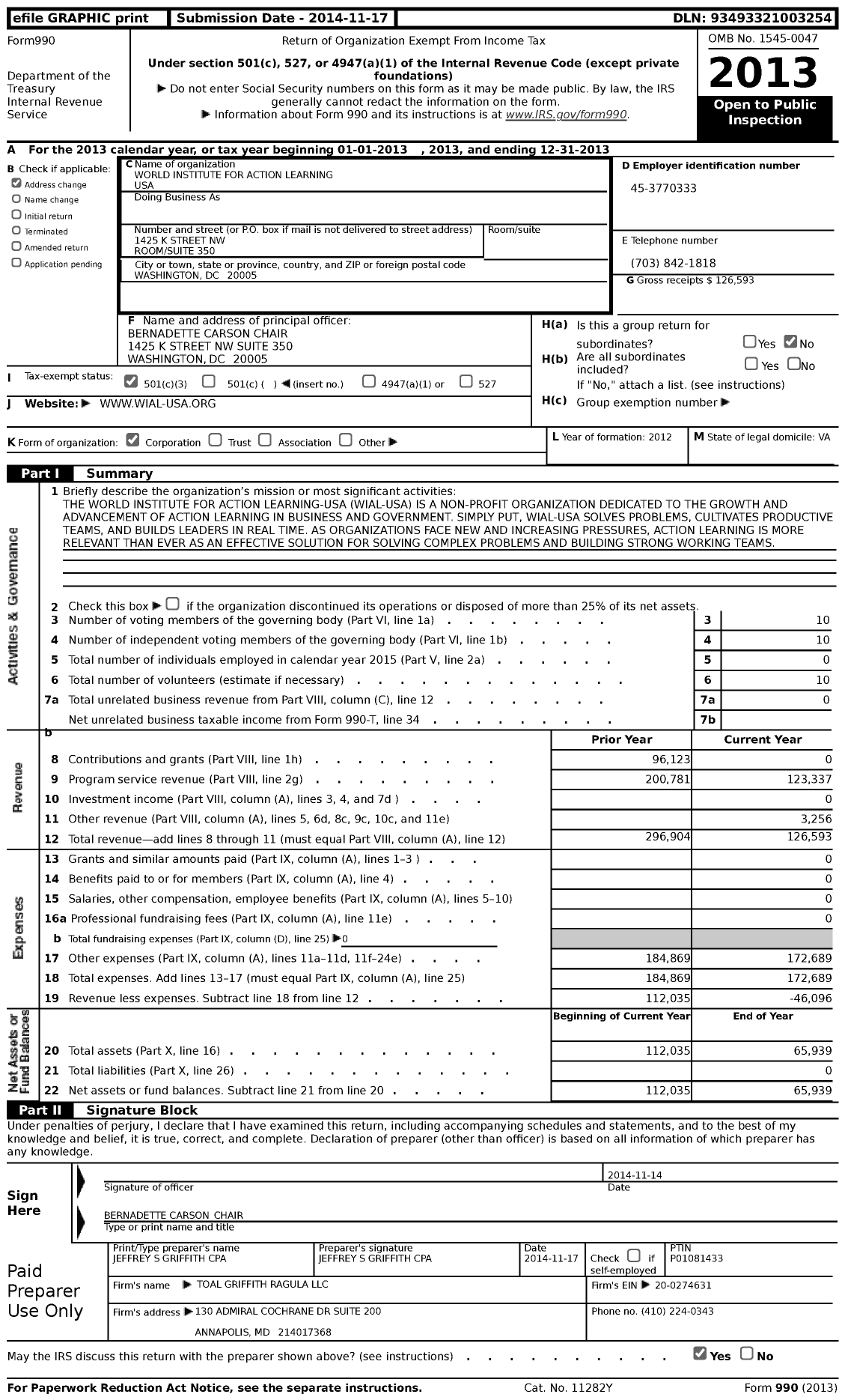 Image of first page of 2013 Form 990 for World Institute for Action Learning USA