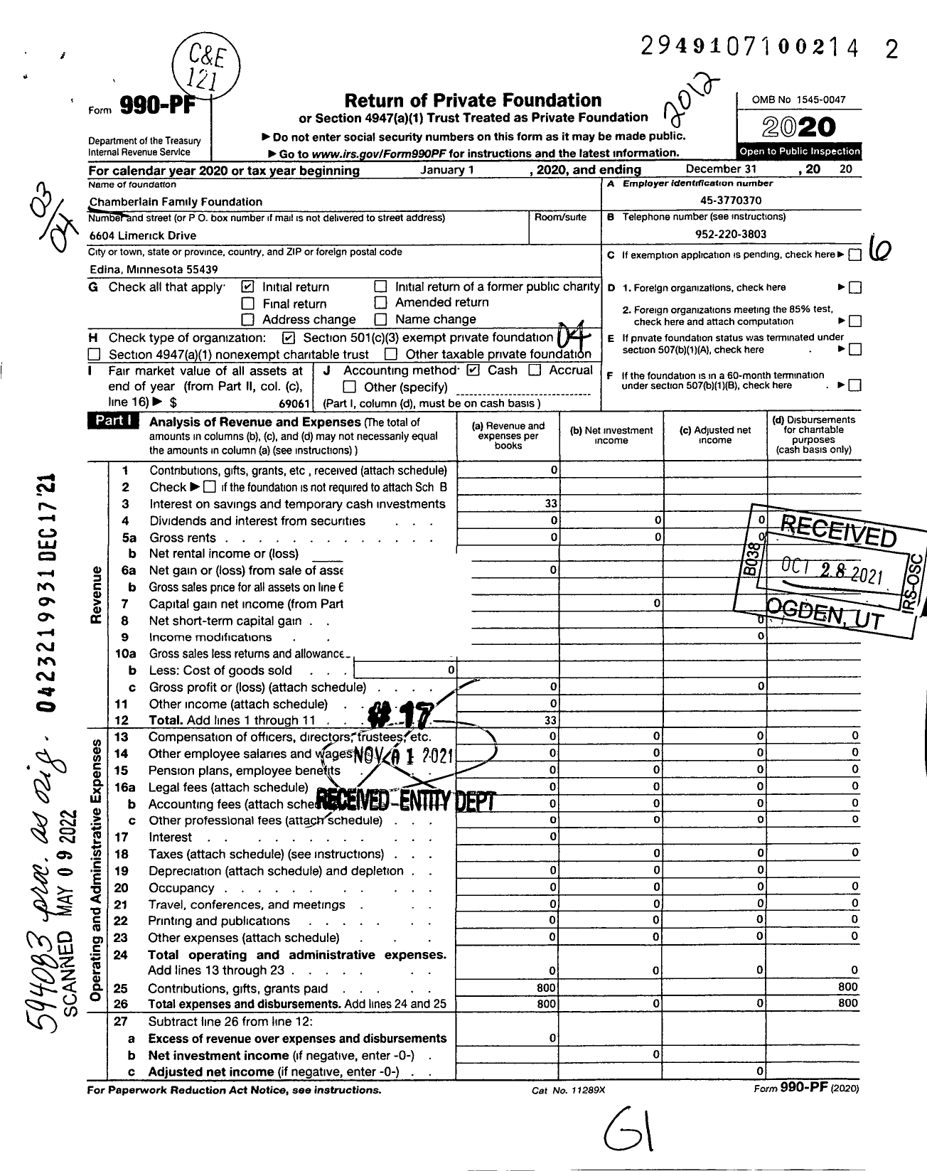 Image of first page of 2020 Form 990PF for Chamberlain Family Foundation