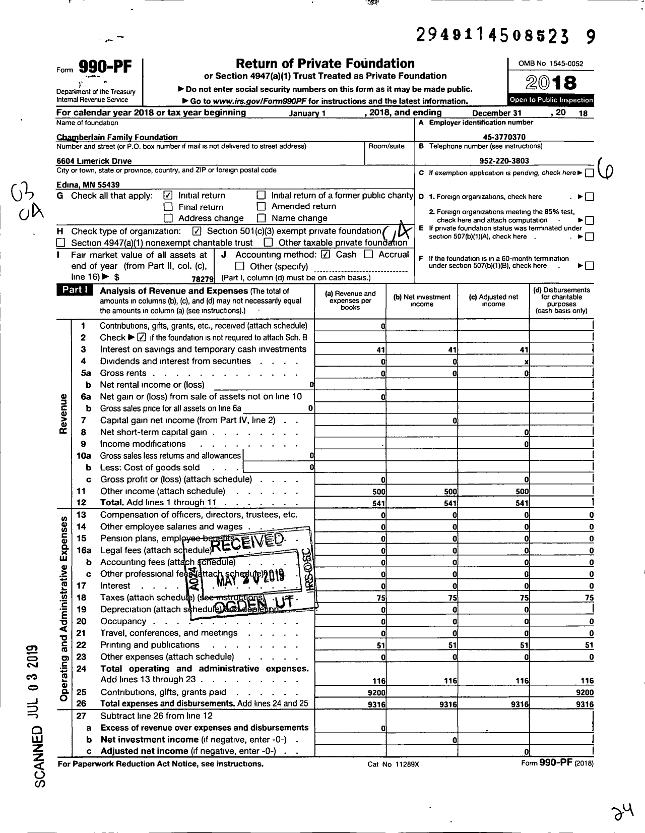 Image of first page of 2018 Form 990PF for Chamberlain Family Foundation