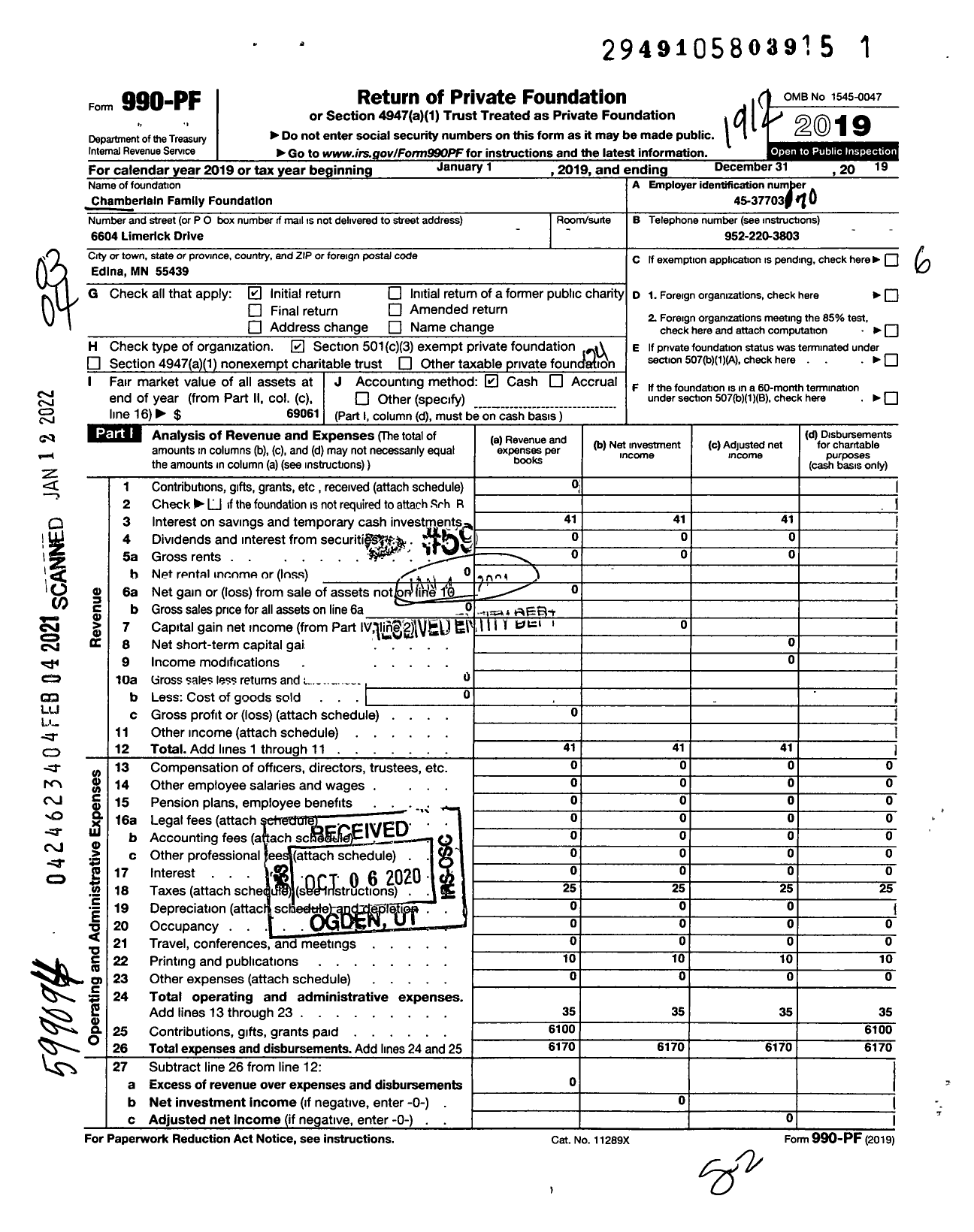 Image of first page of 2019 Form 990PF for Chamberlain Family Foundation