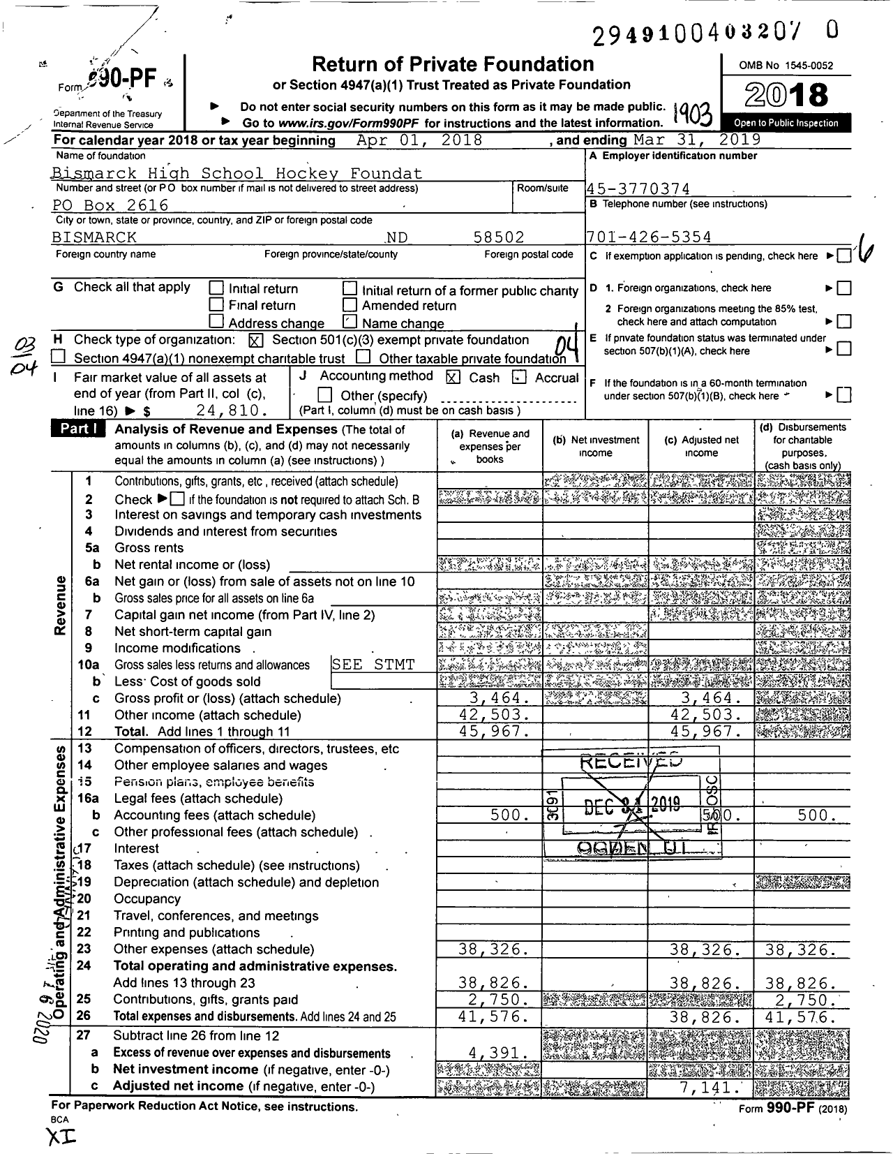 Image of first page of 2018 Form 990PR for Bismarck High School Hockey Foundation