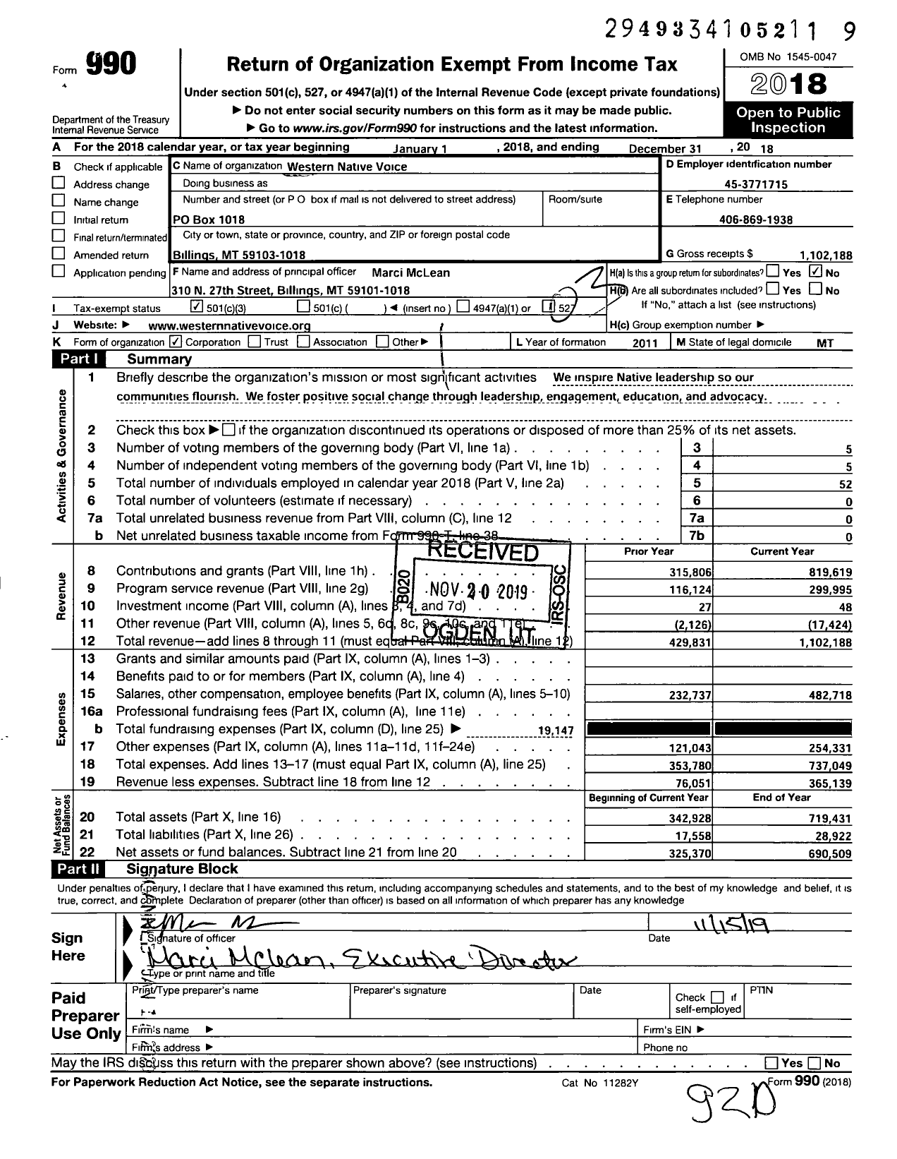 Image of first page of 2018 Form 990 for Western Native Voice Education Project