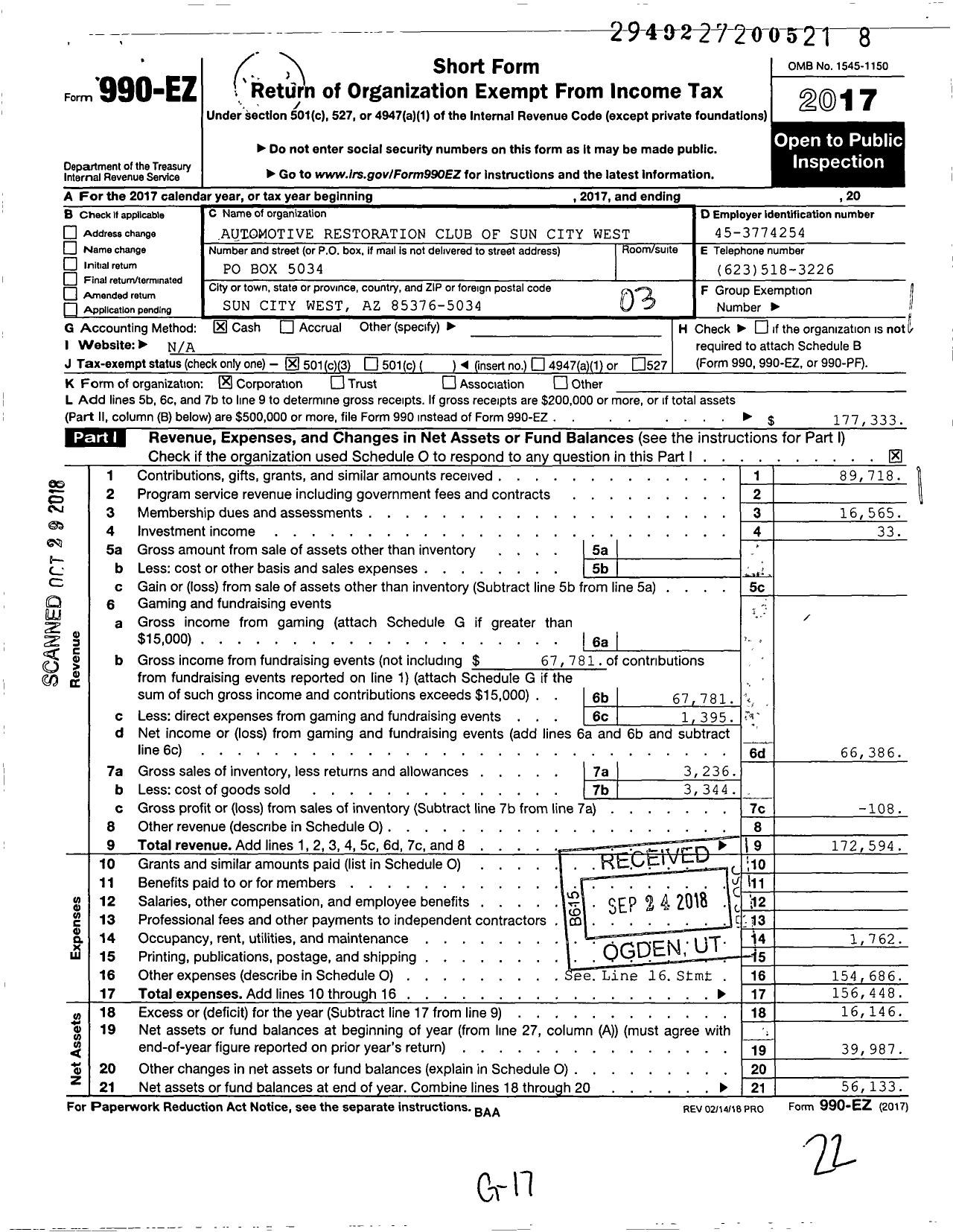 Image of first page of 2017 Form 990EZ for Automotive Restoration Club of Sun City West