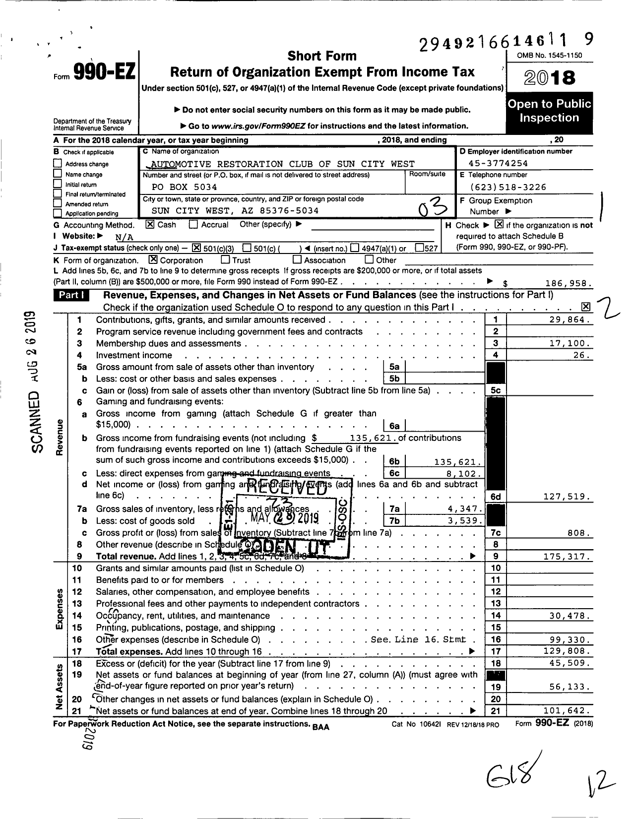 Image of first page of 2018 Form 990EZ for Automotive Restoration Club of Sun City West