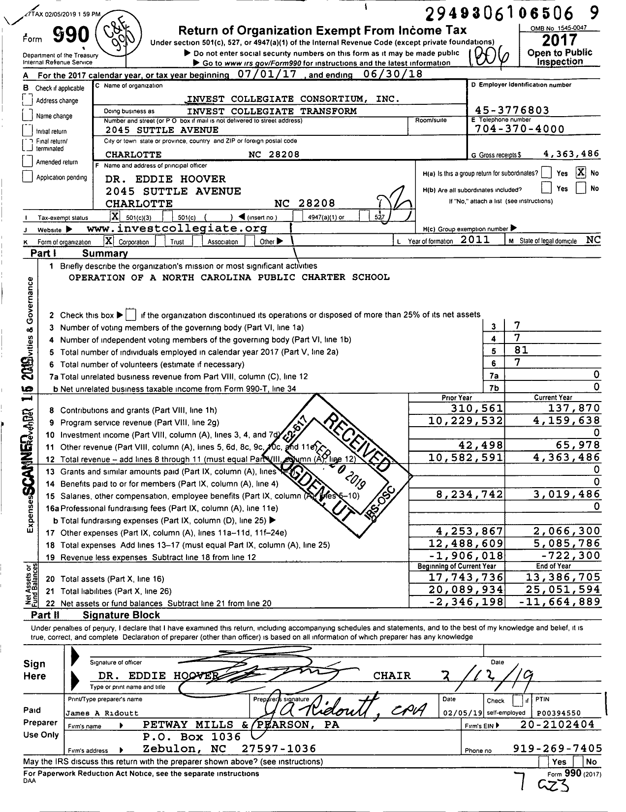 Image of first page of 2017 Form 990 for Invest Collegiate Transform